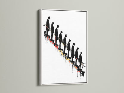 Conceptual artwork featuring descending figures on a stairway. The art print is elegantly framed in white. Perfect for adding a modern touch to any room. This minimalist decor piece is ideal for office or home use. It enhances living rooms bedrooms and hallways alike.