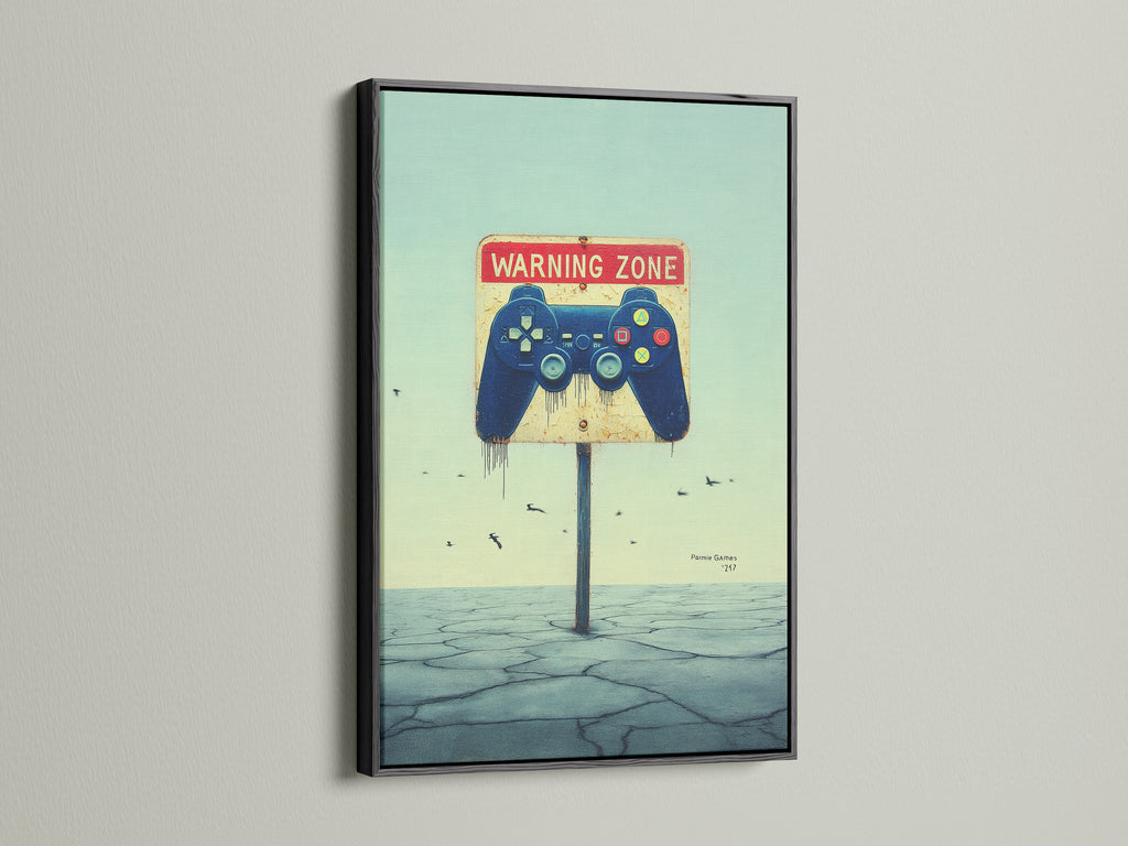 Gaming Zone Canvas Print with a black frame. It complements minimalist styles. This controller wall art is perfect for a teen bedroom. The gamer room decor is ideal for man cave wall art. The artwork is modern.