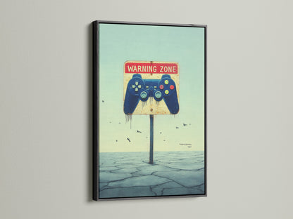 Gaming Zone Canvas Print with a black frame. It complements minimalist styles. This controller wall art is perfect for a teen bedroom. The gamer room decor is ideal for man cave wall art. The artwork is modern.