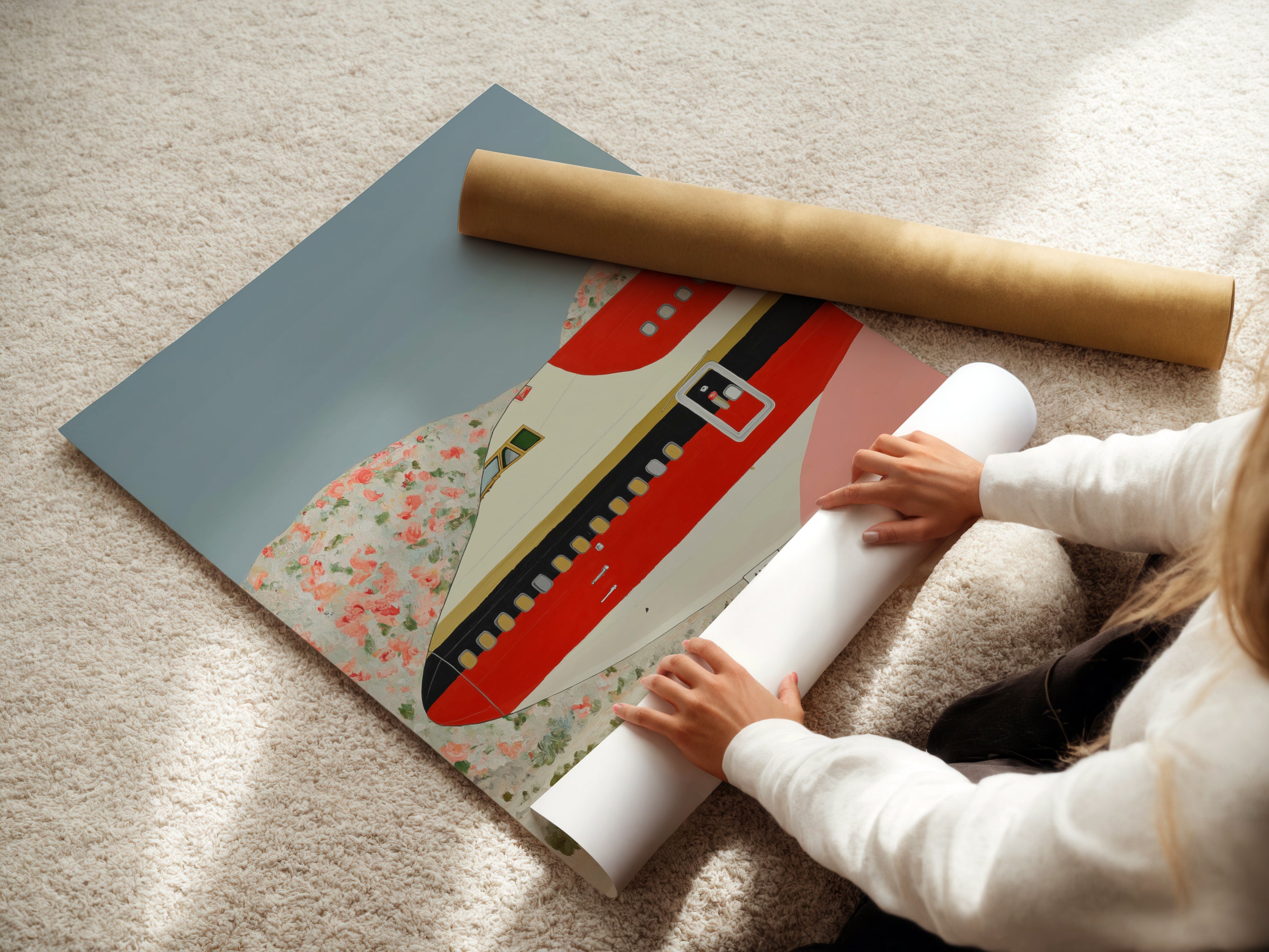A woman is carefully rolling a fine art poster paper. The vintage airplane art is handled with care. This retro aviation art is prepared for display. The mid century print is ready to become airplane wall art. Perfect for travel wall decor.