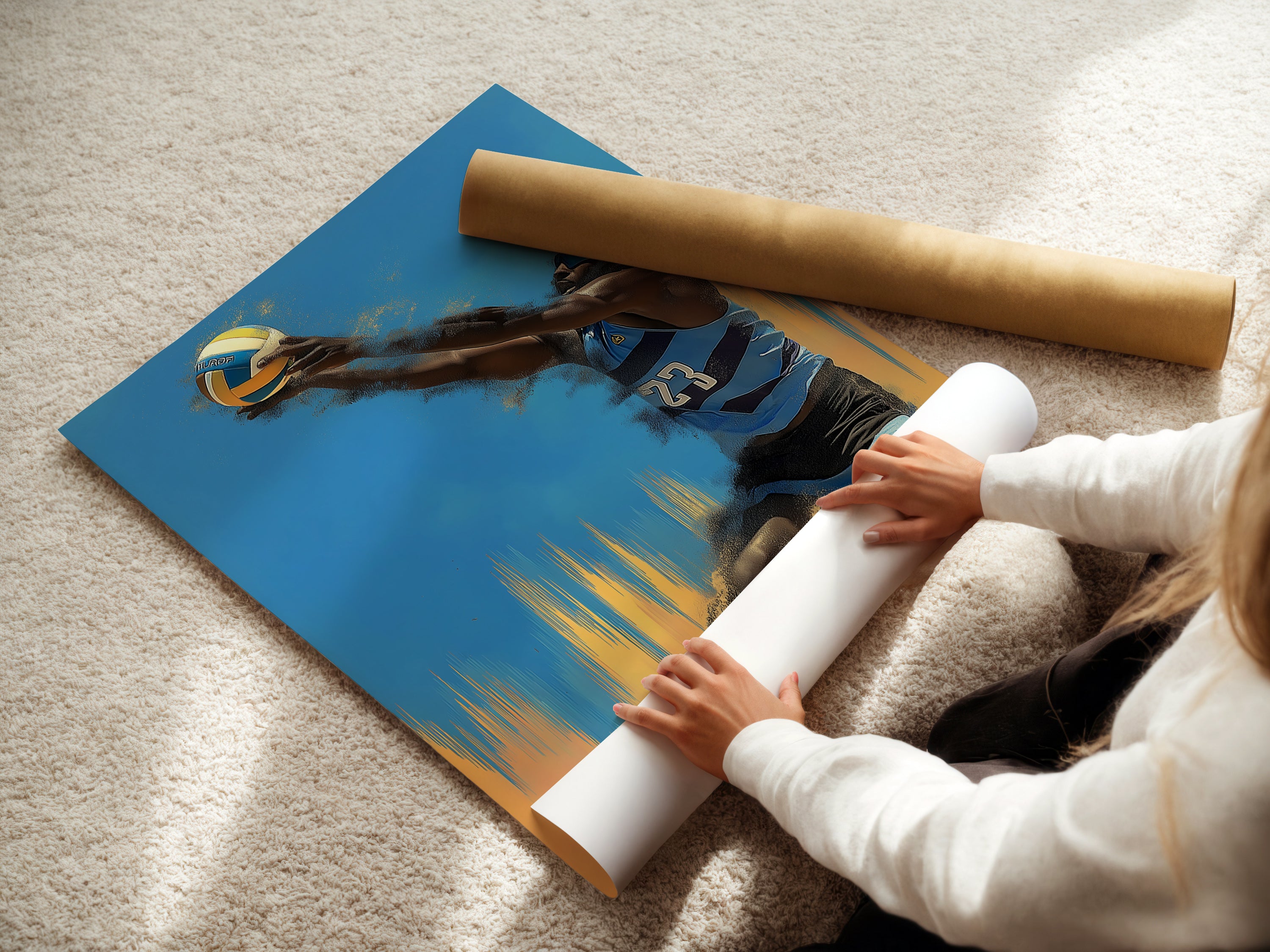 A woman carefully rolling a fine art poster paper of the Volleyball Player Artwork. This poster paper ensures high-quality prints. Ideal for sports fans and teen room decorators. Get your own fine art poster.
