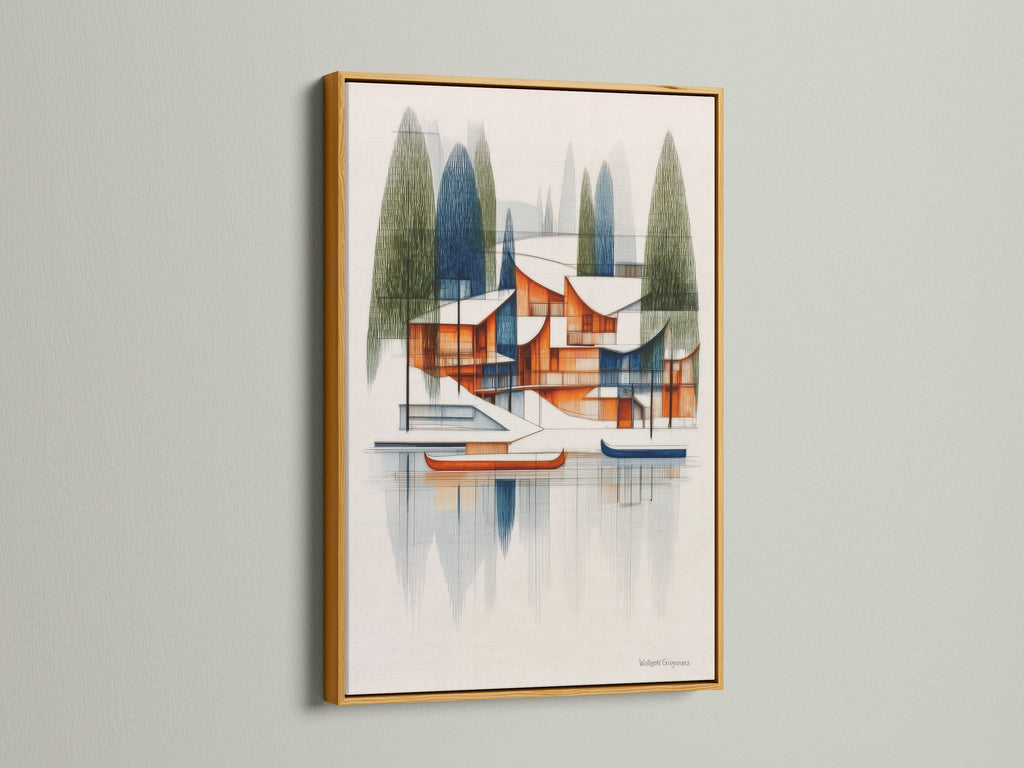 A gold frame displays architectural lake house artwork. This mid-century modern piece offers geometric lake scenery. The gold frame adds a touch of luxury and elegance. Perfect for enhancing your living room or office space.