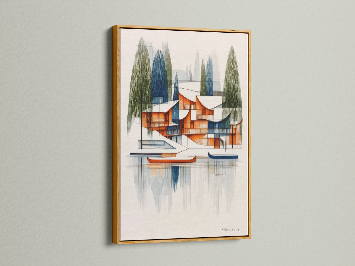 A gold frame displays architectural lake house artwork. This mid-century modern piece offers geometric lake scenery. The gold frame adds a touch of luxury and elegance. Perfect for enhancing your living room or office space.