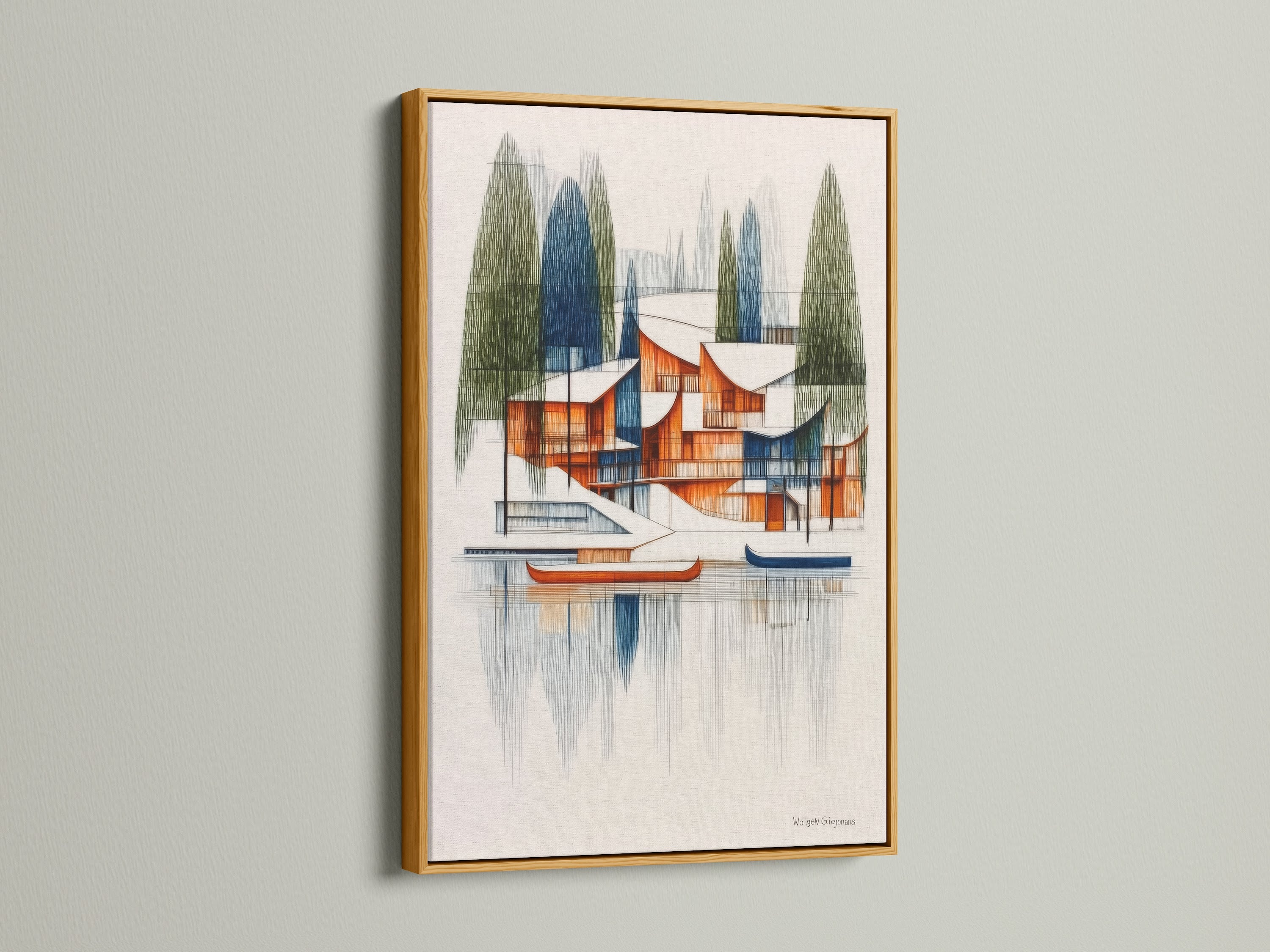 A gold frame displays architectural lake house artwork. This mid-century modern piece offers geometric lake scenery. The gold frame adds a touch of luxury and elegance. Perfect for enhancing your living room or office space.