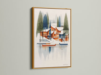 A gold frame displays architectural lake house artwork. This mid-century modern piece offers geometric lake scenery. The gold frame adds a touch of luxury and elegance. Perfect for enhancing your living room or office space.