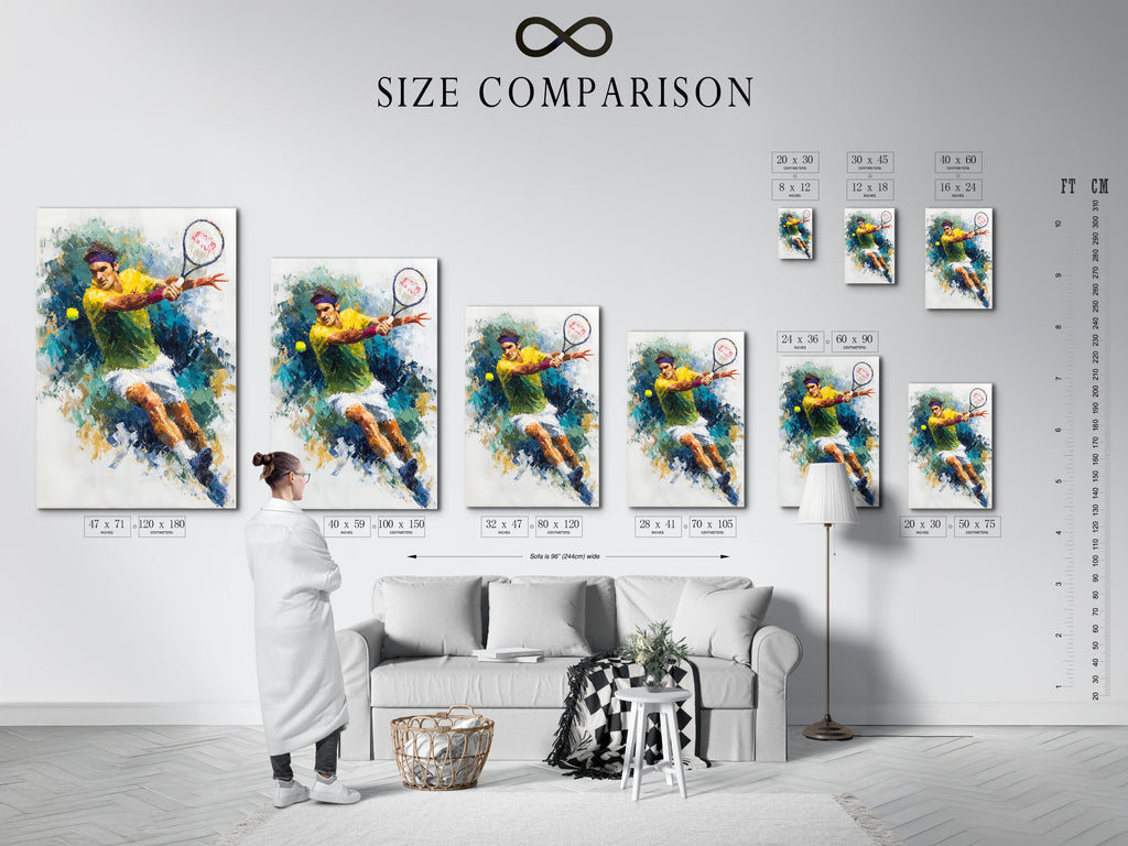 The size comparison chart in an interior setting shows the tennis artwork options. Choose from sports canvas art or fine art poster paper. Perfect for game room decor or athletic wall art. Find the ideal size for your tennis player print. Enhance your sports-themed space.