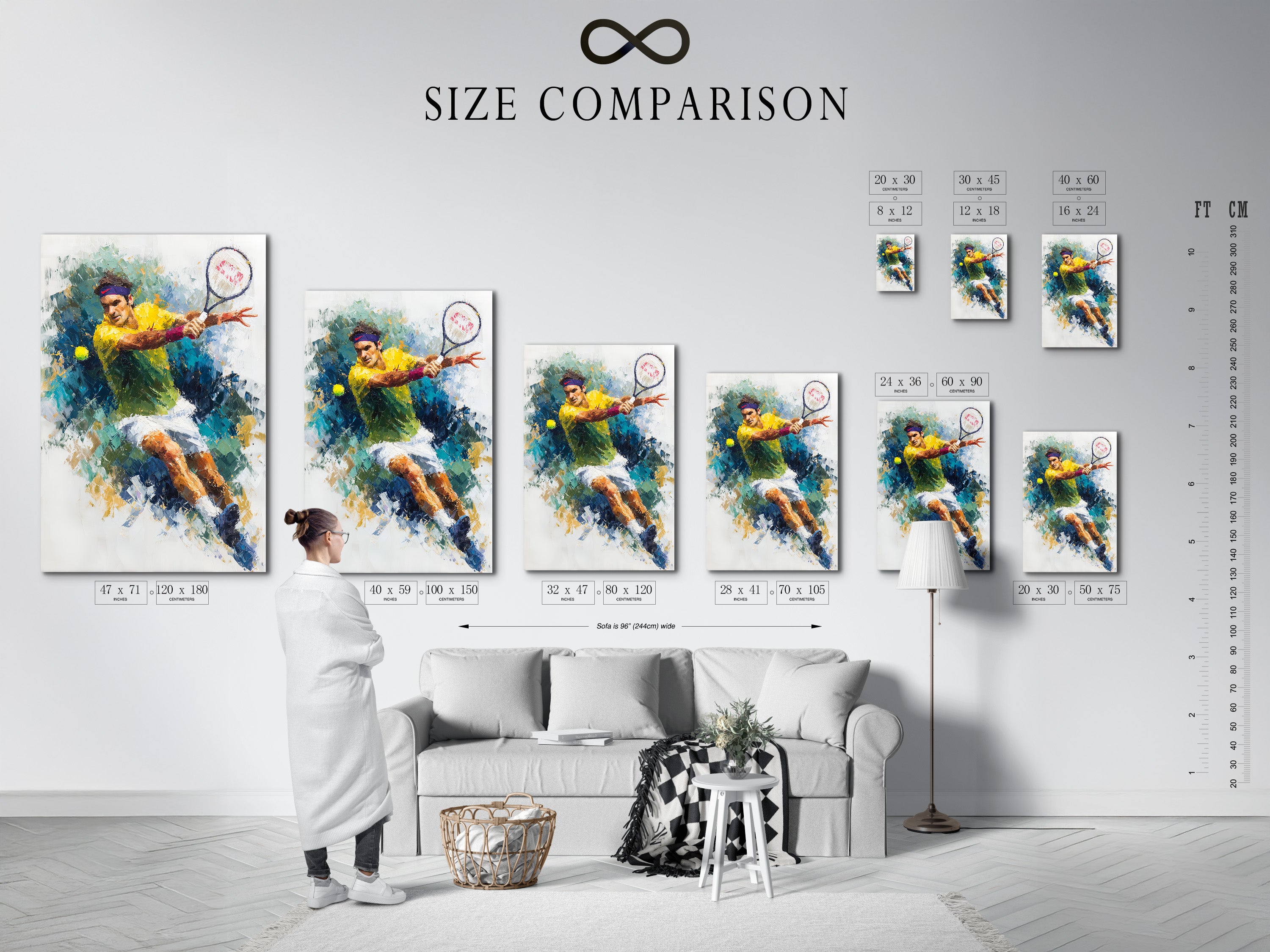 The size comparison chart in an interior setting shows the tennis artwork options. Choose from sports canvas art or fine art poster paper. Perfect for game room decor or athletic wall art. Find the ideal size for your tennis player print. Enhance your sports-themed space.