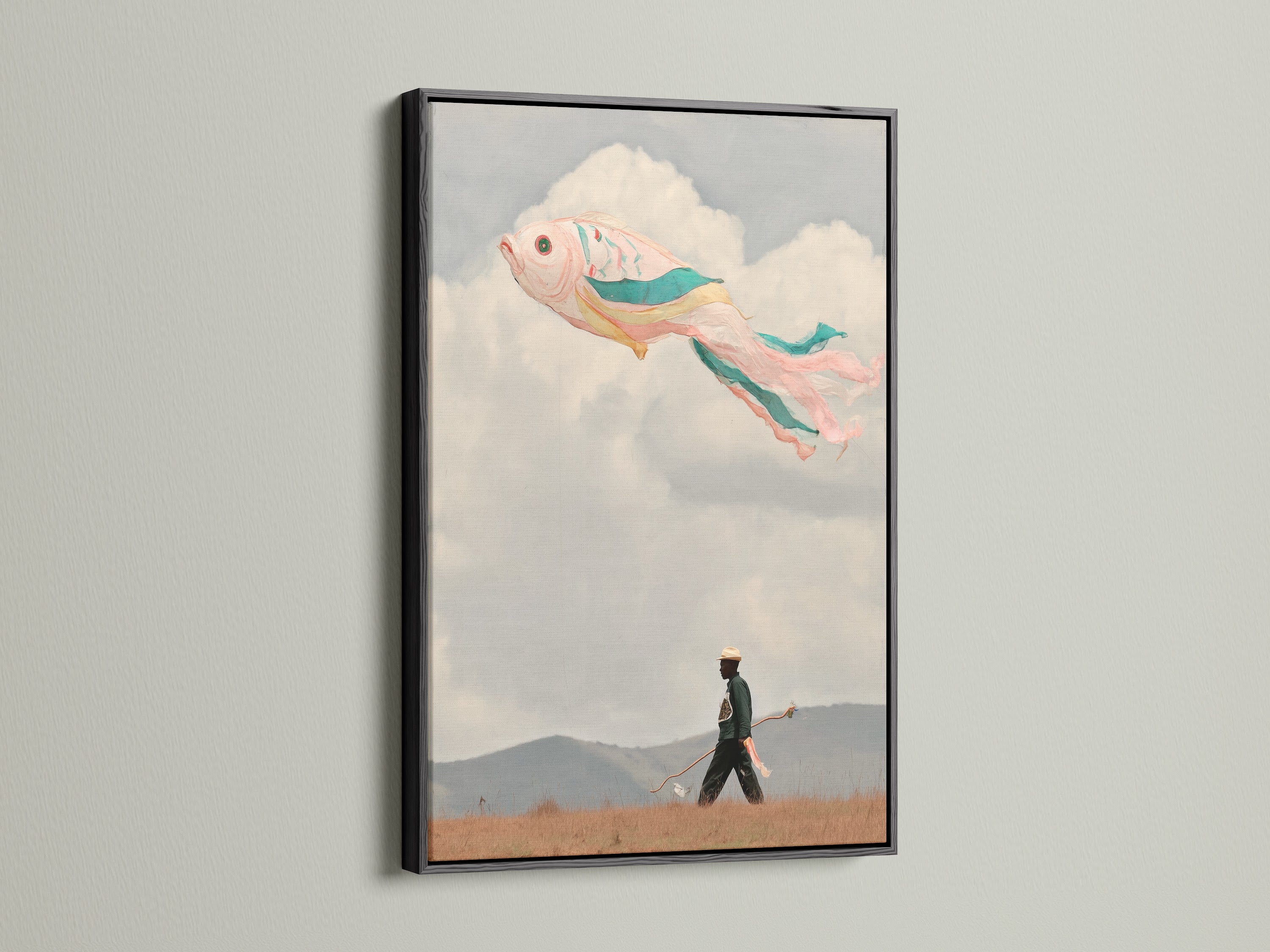 A surreal flying fish artwork is presented in a black frame. This artwork brings a unique and imaginative touch to any room. The fish floats peacefully in a pastel sky. The black frame adds a touch of contrast. It is perfect for modern spaces. It creates a striking focal point with its whimsical artwork.