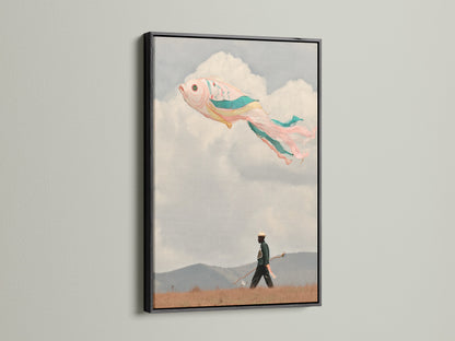 A surreal flying fish artwork is presented in a black frame. This artwork brings a unique and imaginative touch to any room. The fish floats peacefully in a pastel sky. The black frame adds a touch of contrast. It is perfect for modern spaces. It creates a striking focal point with its whimsical artwork.