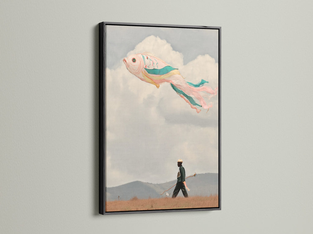 The surreal Fish Kite art print is striking in a black frame. This imaginative art complements minimalist and Scandinavian styles. The whimsical decor adds a touch of fantasy to your walls. Pastel colors create a unique art print. It is perfect for homeowners and renters alike. This piece elevates living spaces.