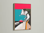 Coastal road artwork print in an oak frame. The print showcases a red car driving along a coastal road. The oak frame enhances the artwork's mid-century modern style. Ideal for adding a touch of retro charm to any room. A great choice for car art collectors.