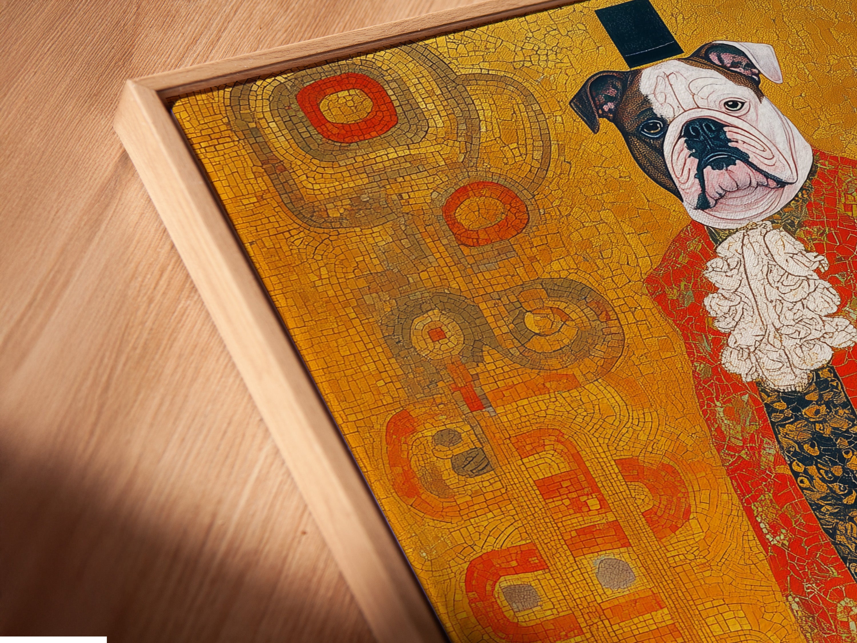 A close-up angled view shows the canvas print in a floating frame. The Gustav Klimt style dog portrait stands out. It is ready to hang in your study room. This ornate animal wall art adds sophistication. Notice the detail of this aristocratic art piece.