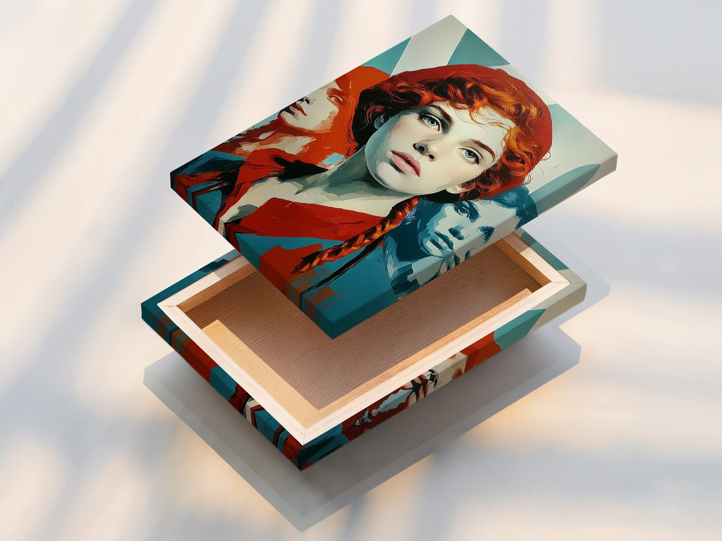 Stretched canvas print of Retro Woman Art. Vintage pop art style wall decor for bedroom or office. The artwork features red hair and teal orange. This modern portrait is stylized art. Great for any room wall.