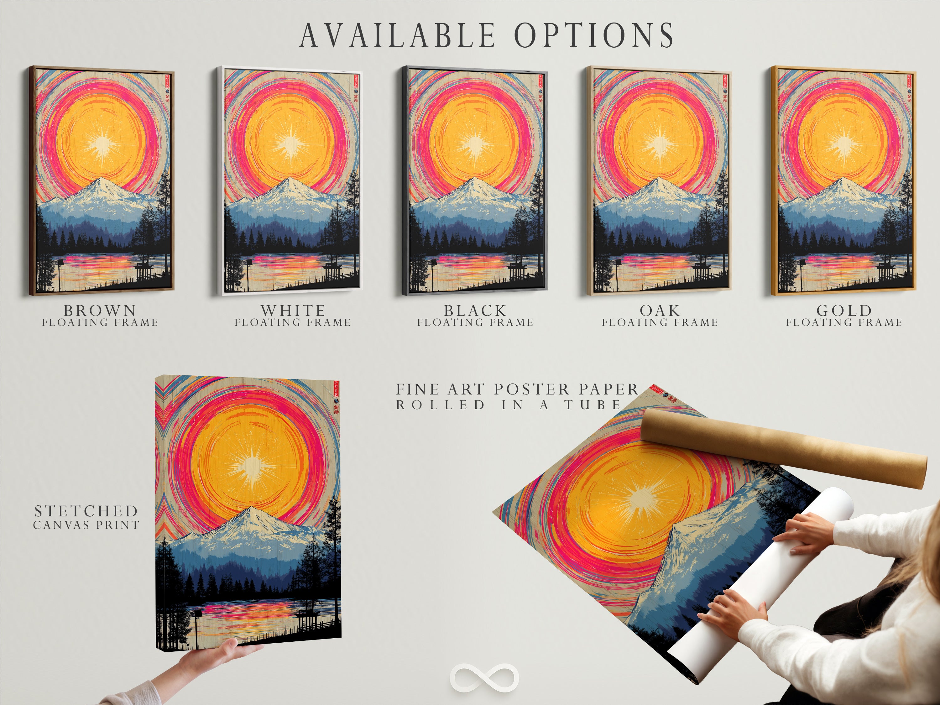 Available options are showcased for the mountain lake artwork. Options include a stretched canvas print fine art poster paper and a floating frame. Select the perfect style to complement your bedroom decor and enhance your space.