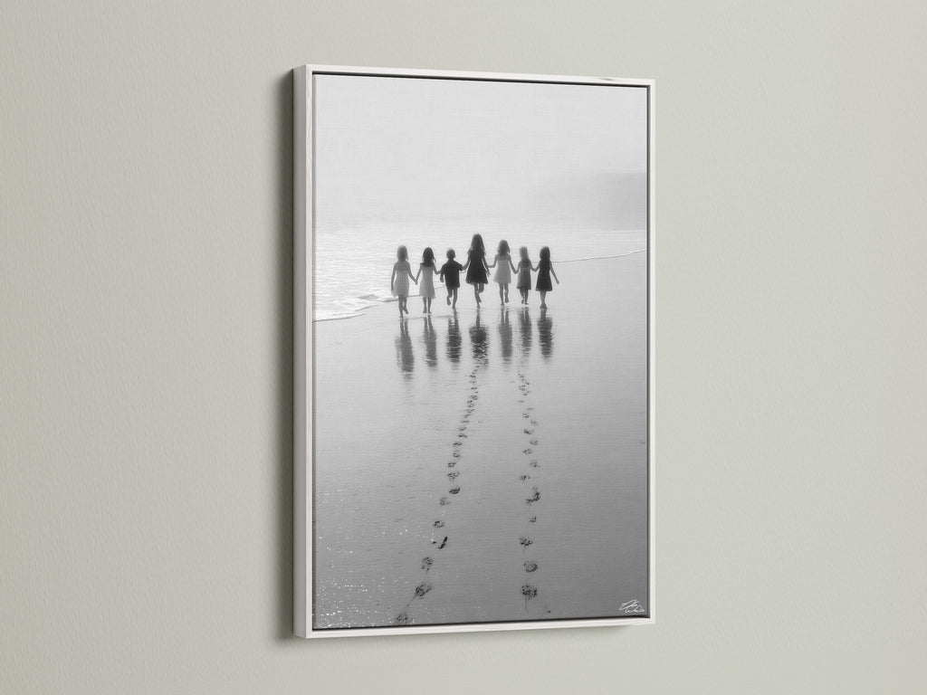 The Beach Walk children print is showcased in a white frame. This black and white seascape photography is stunning. A perfect piece of nursery wall decor. Add a touch of minimalist art to your kids room art or coastal artwork collection today.