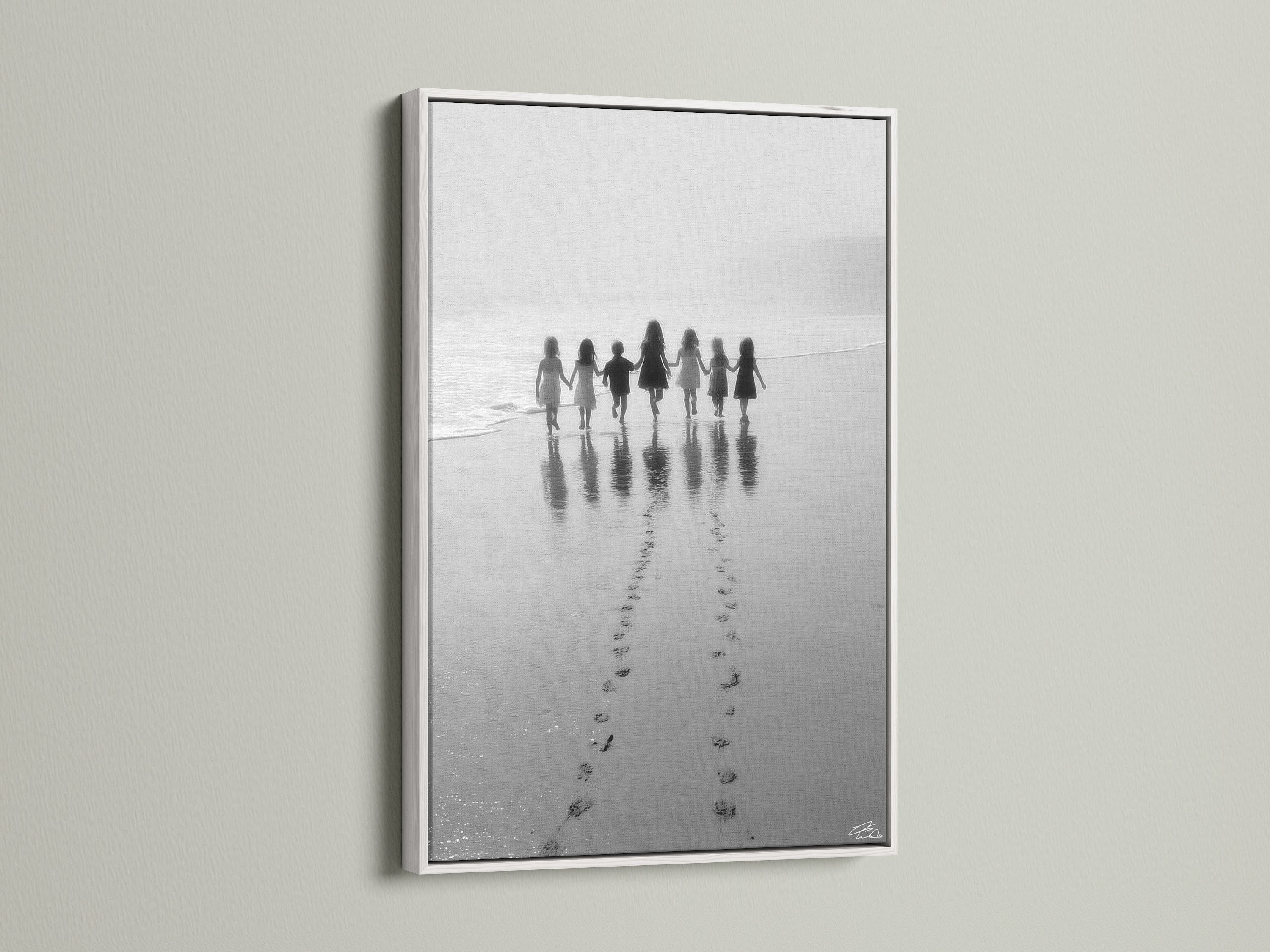 The Beach Walk children print is showcased in a white frame. This black and white seascape photography is stunning. A perfect piece of nursery wall decor. Add a touch of minimalist art to your kids room art or coastal artwork collection today.