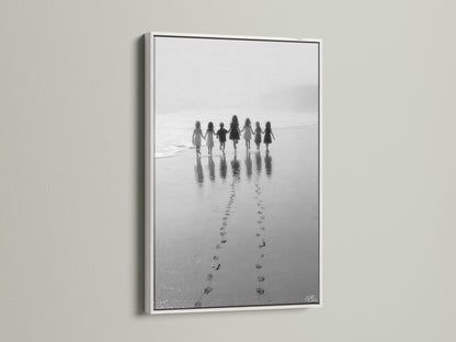 The Beach Walk children print is showcased in a white frame. This black and white seascape photography is stunning. A perfect piece of nursery wall decor. Add a touch of minimalist art to your kids room art or coastal artwork collection today.