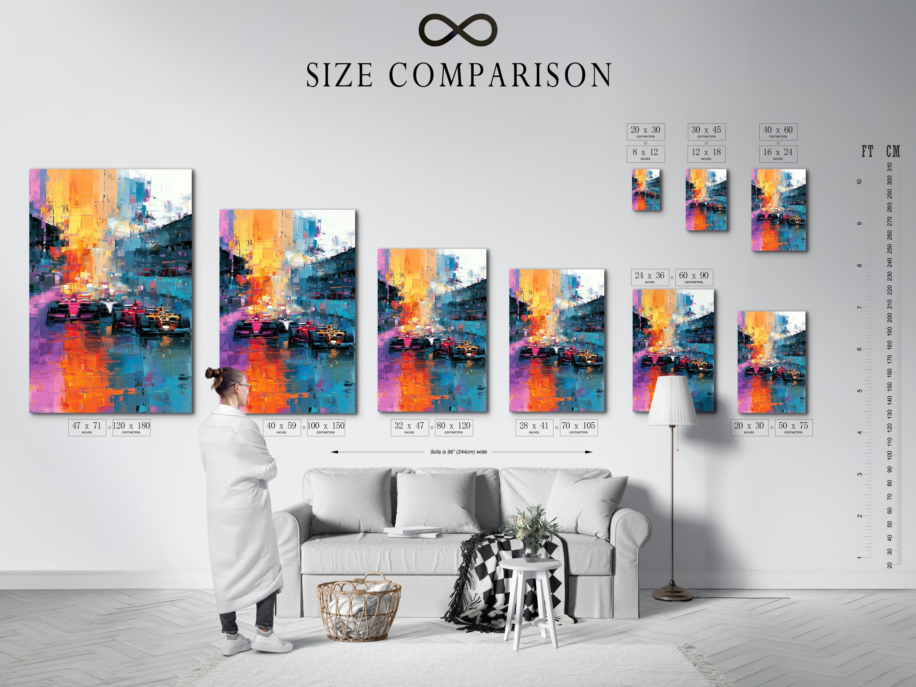 A size comparison chart is displayed in an interior setting. The chart helps visualize different artwork sizes. It demonstrates how art fits in a room. Making it easier to choose the perfect piece. It enhances your home decor.