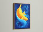 A Banana Family Canvas artwork print is highlighted in a gold frame. The yellow and blue art adds a modern touch. This whimsical art is great for kids room decor. It is a fun abstract fruit wall art.