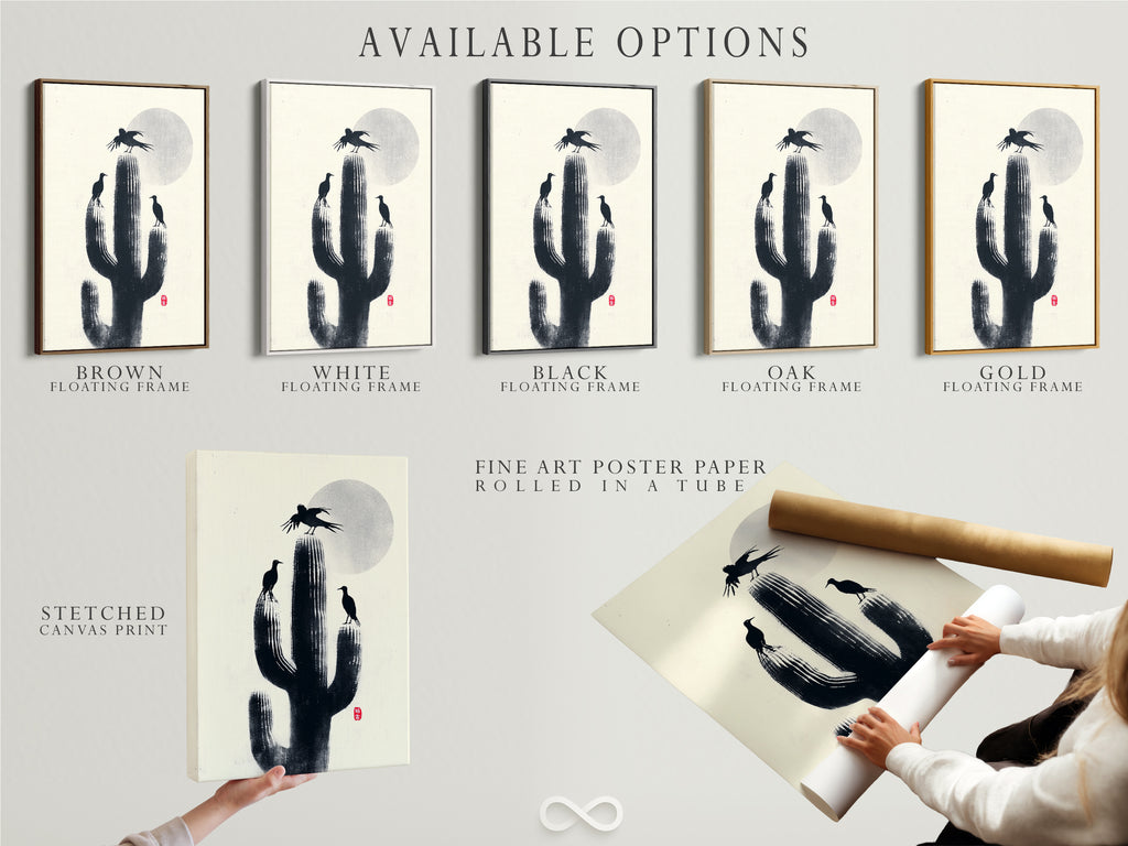 Available options for the Cactus Birds artwork. Choose from a stretched canvas print fine art poster paper or floating frame. Desert silhouette art for southwestern decor. Minimalist monochrome nature canvas.