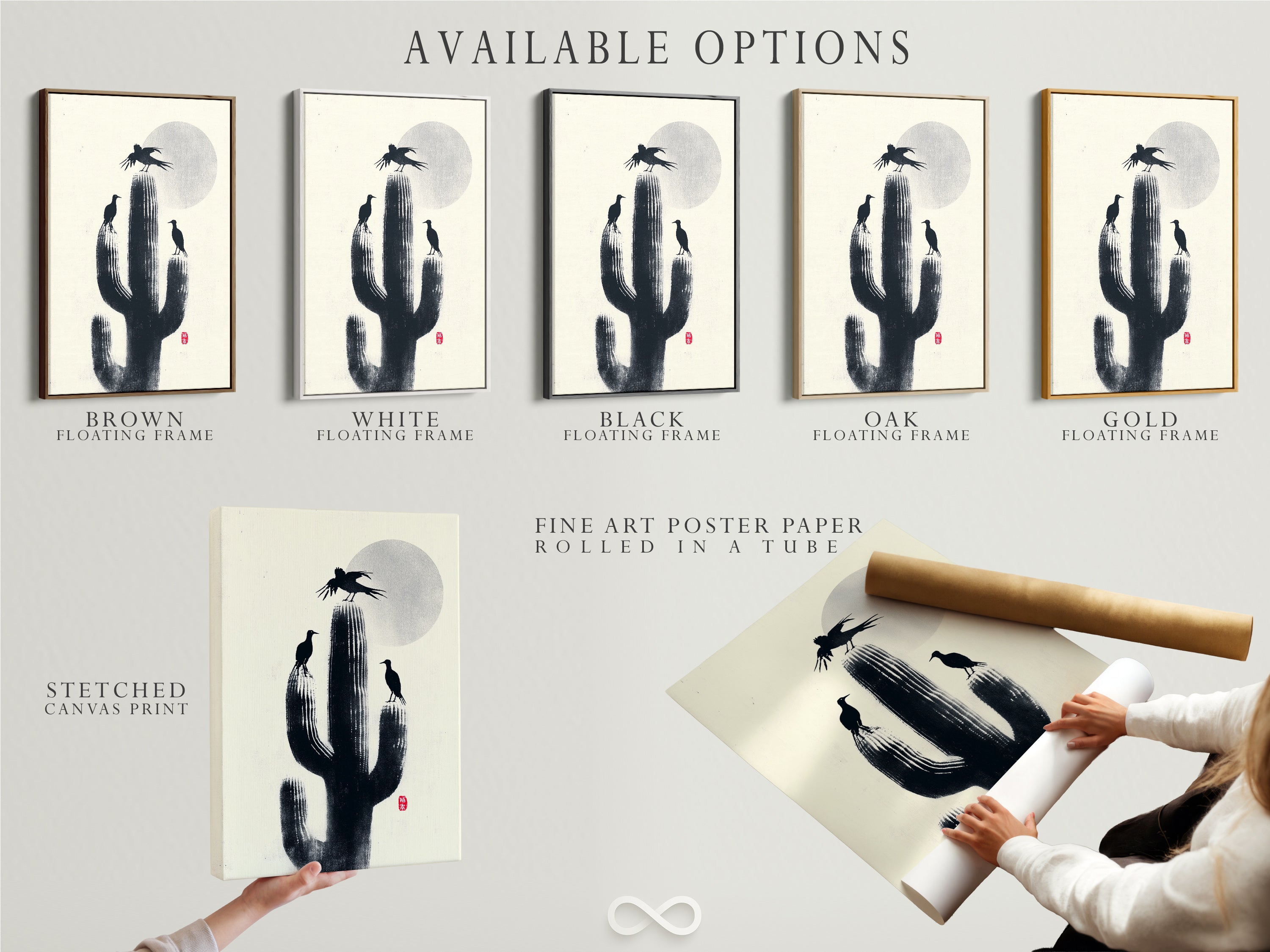 Available options for the Cactus Birds artwork. Choose from a stretched canvas print fine art poster paper or floating frame. Desert silhouette art for southwestern decor. Minimalist monochrome nature canvas.
