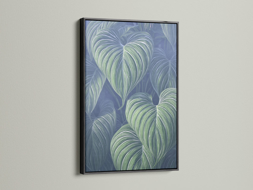 The black frame contrasts beautifully with the tropical leaf artwork. This modern botanical print adds elegance. It’s ideal as office wall art. The black frame makes the blue green decor pop. This is a stunning piece.