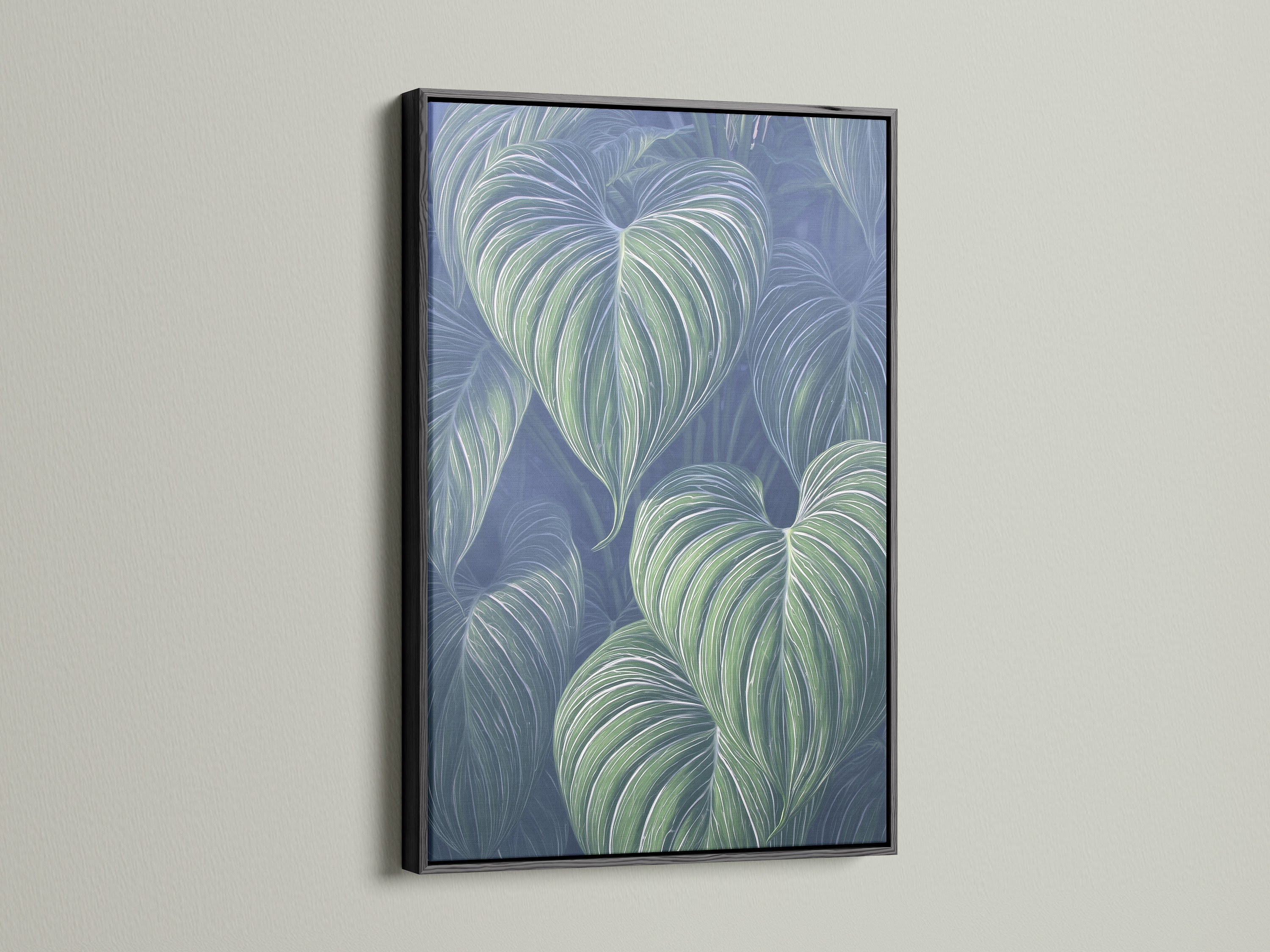 The black frame contrasts beautifully with the tropical leaf artwork. This modern botanical print adds elegance. It’s ideal as office wall art. The black frame makes the blue green decor pop. This is a stunning piece.