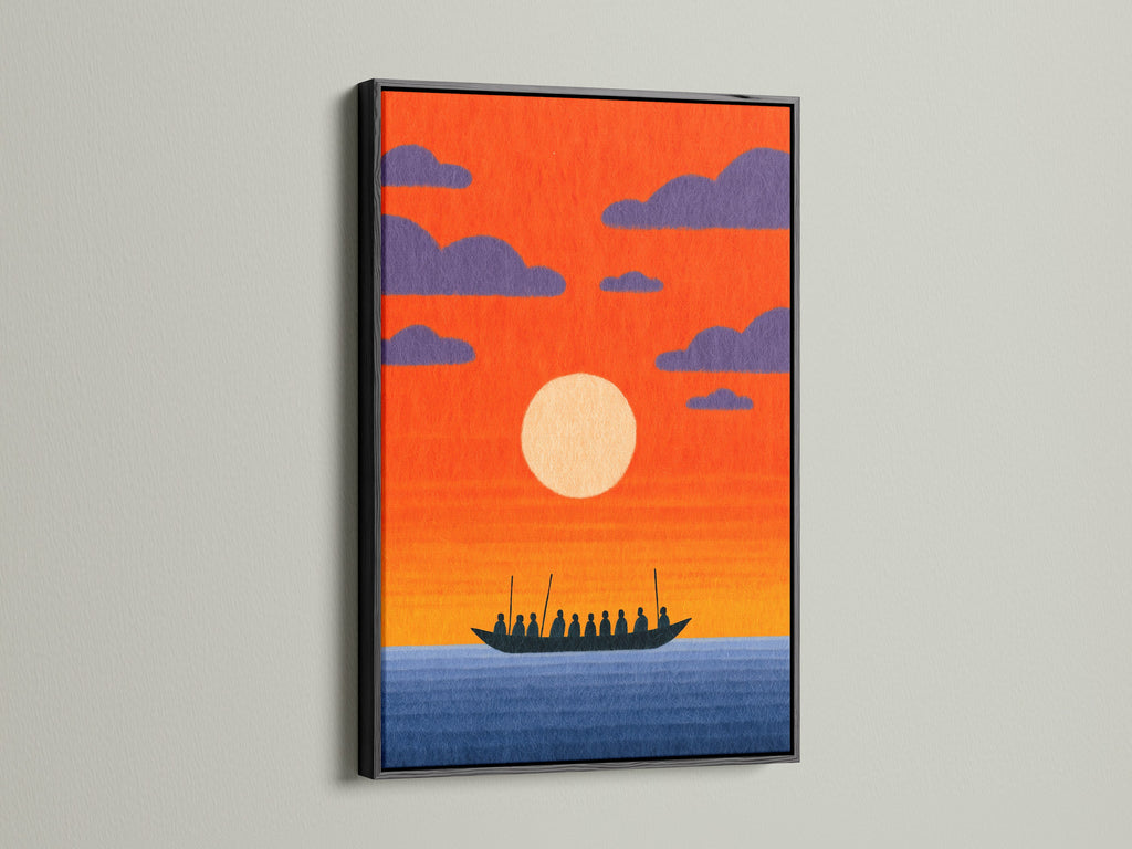 Sunset Boat artwork in a black frame. This nautical artwork adds a touch of maritime charm to your decor. The black frame creates a bold contrast with the orange sky. Ideal for modern interiors. Shop now.