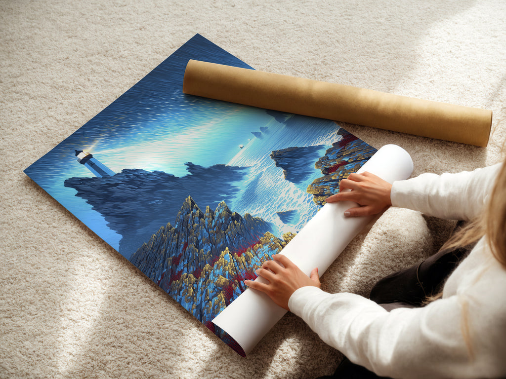 A woman is carefully rolling a fine art poster paper of a Lighthouse Seascape. This showcases the care in handling coastal wall art. The dramatic ocean artwork is ready for framing. Perfect for nautical decor enthusiasts. The artwork captures a serene sea landscape. Ready to display