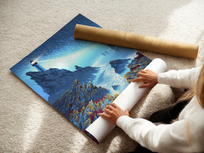 A woman is carefully rolling a fine art poster paper of a Lighthouse Seascape. This showcases the care in handling coastal wall art. The dramatic ocean artwork is ready for framing. Perfect for nautical decor enthusiasts. The artwork captures a serene sea landscape. Ready to display