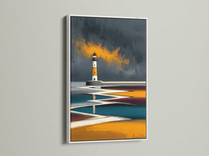Lighthouse coastal art print in a white frame. The bright white frame enhances this abstract nautical artwork. Ideal as modern wall art for any room. The seascape canvas adds an ocean view to your space. A stylish piece for any home or office.