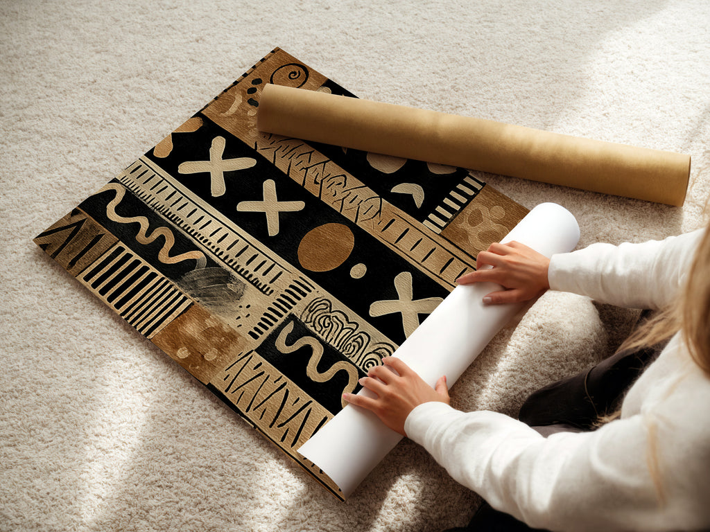 A woman carefully rolls a fine art poster paper. The poster paper is being prepared for framing. The artist is handling the delicate paper. The fine art poster will soon be ready. This process requires skill and precision.