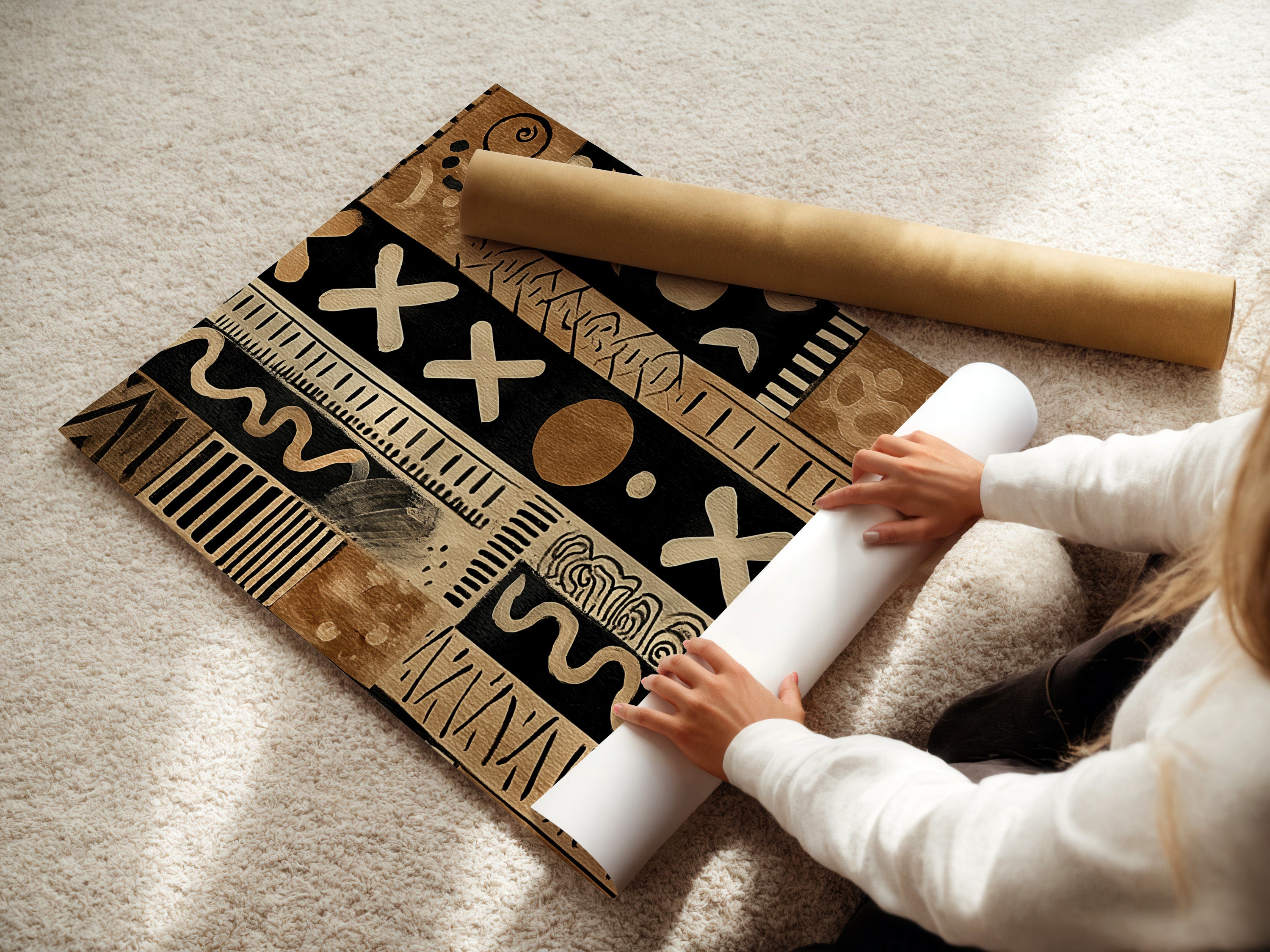 A woman carefully rolls a fine art poster paper. The poster paper is being prepared for framing. The artist is handling the delicate paper. The fine art poster will soon be ready. This process requires skill and precision.