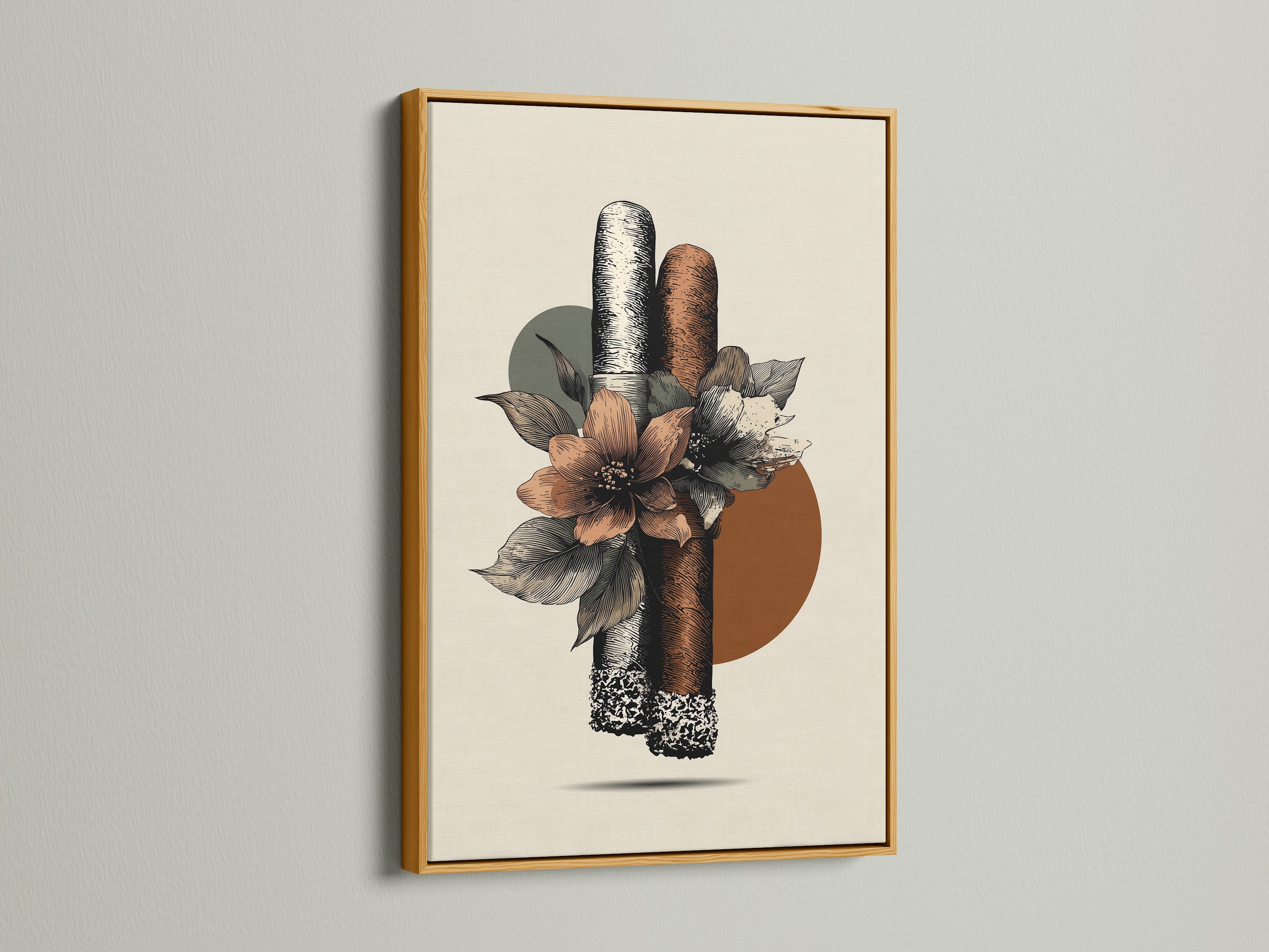 This is boho floral artwork with cigars in a gold frame. This is perfect Eclectic Wall Art for a man cave lounge or cigar shop. The primary color is brown and the secondary color is beige. Gold frame will add a luxury accent to your home.