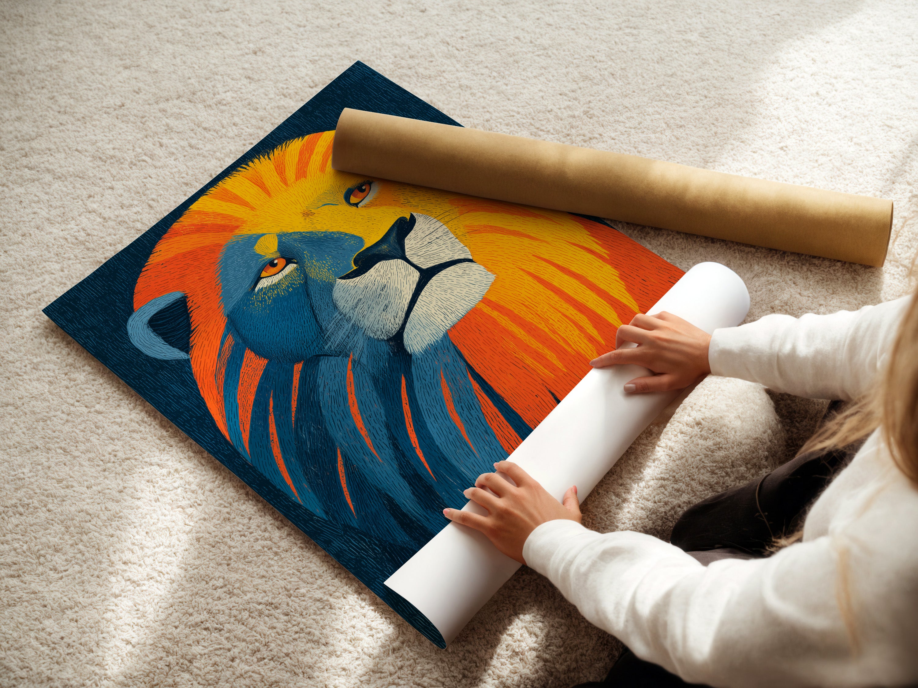 A woman is carefully rolling a fine art poster paper. The poster paper is of high quality. It ensures vibrant colors and sharp details. Fine art posters are a versatile and affordable way to collect art. They also look great in any room.