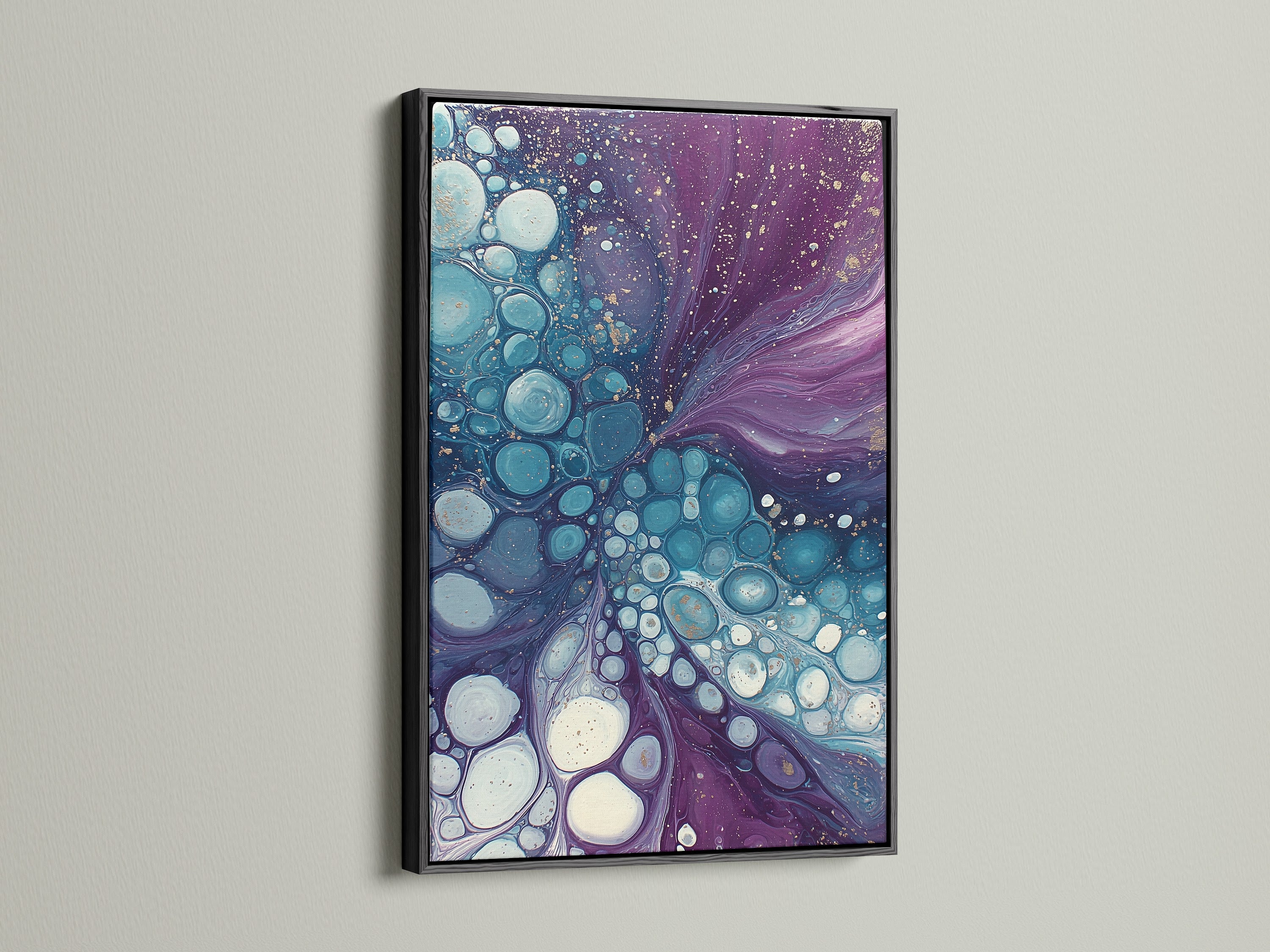 Enhance your wall decor with abstract fluid art in a black frame. The purple and teal tones of this canvas print create a striking visual. This modern bubble artwork is ideal for any space. The black frame adds a sophisticated touch. Explore this contemporary art piece.