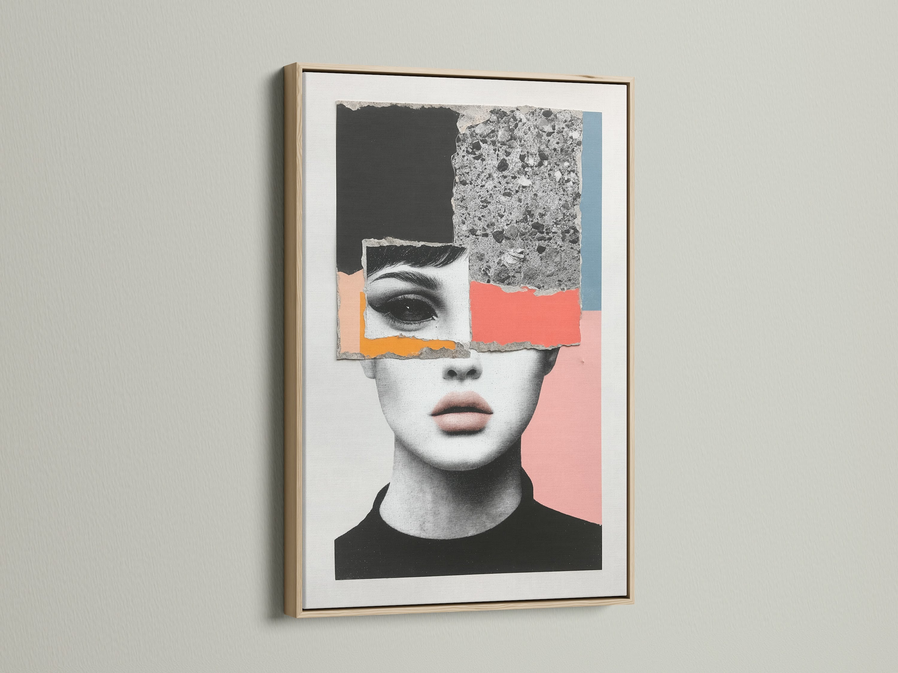 Modern abstract face art in an oak frame. This collage wall art adds a contemporary touch to any room. The portrait artwork enhances bedroom decor. It is great for living rooms bedrooms offices studios lobbies clinics boutiques and salons.