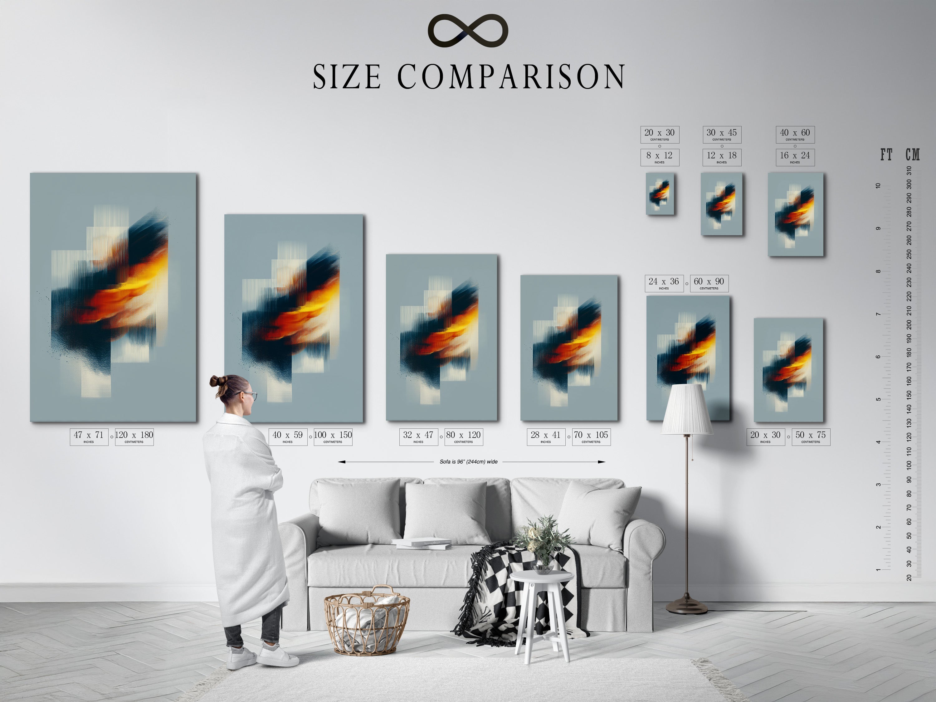 The size comparison chart helps you visualize artwork dimensions in a room. This ensures the perfect fit for your space. See how different sizes transform your interior. Choose the ideal size for your artwork. Make informed decisions with our helpful chart. Discover art that complements your home.