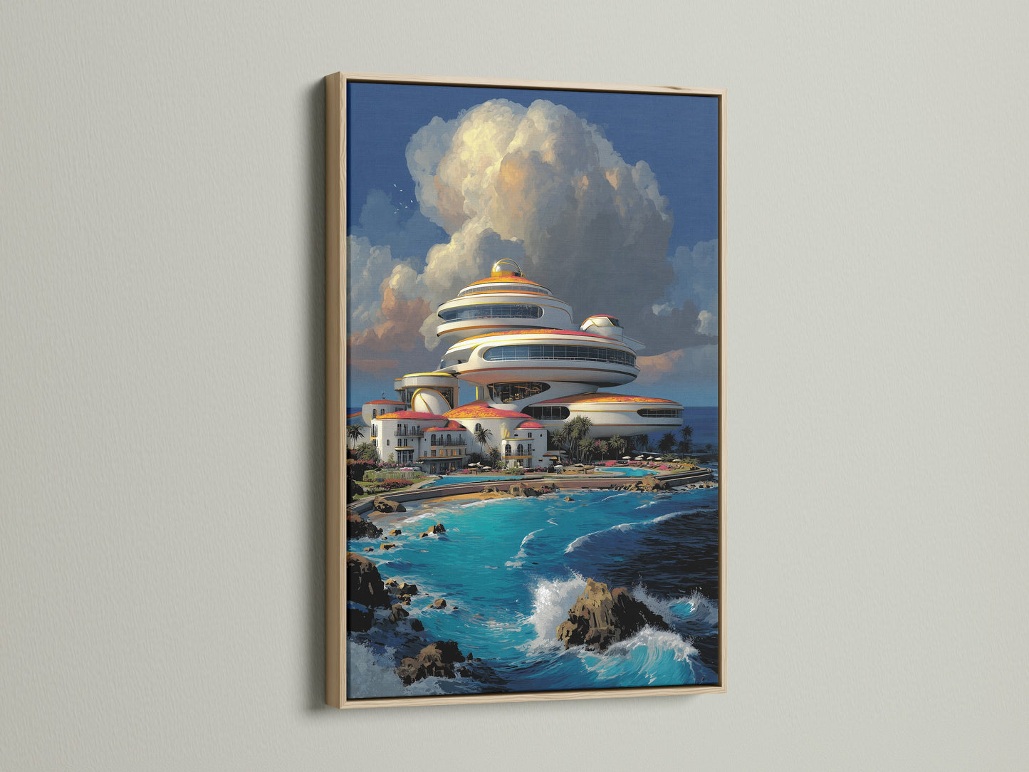 Futuristic Architecture artwork with an oak frame. The artwork features a modern coastal scene. Sci-Fi building wall art for office contemporary decor. Turquoise blue art and ocean view art. A great choice for living room wall art or bedroom wall decor.