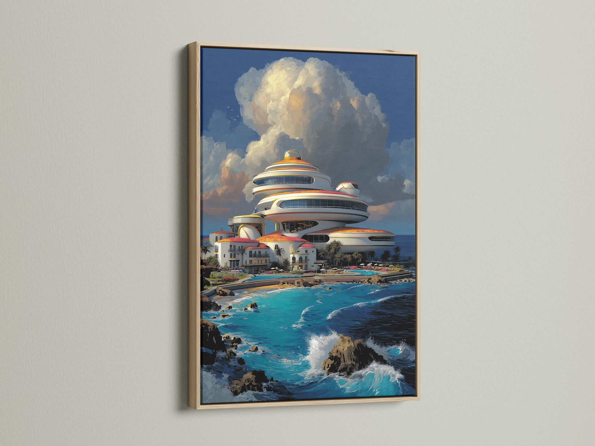Futuristic Architecture artwork with an oak frame. The artwork features a modern coastal scene. Sci-Fi building wall art for office contemporary decor. Turquoise blue art and ocean view art. A great choice for living room wall art or bedroom wall decor.