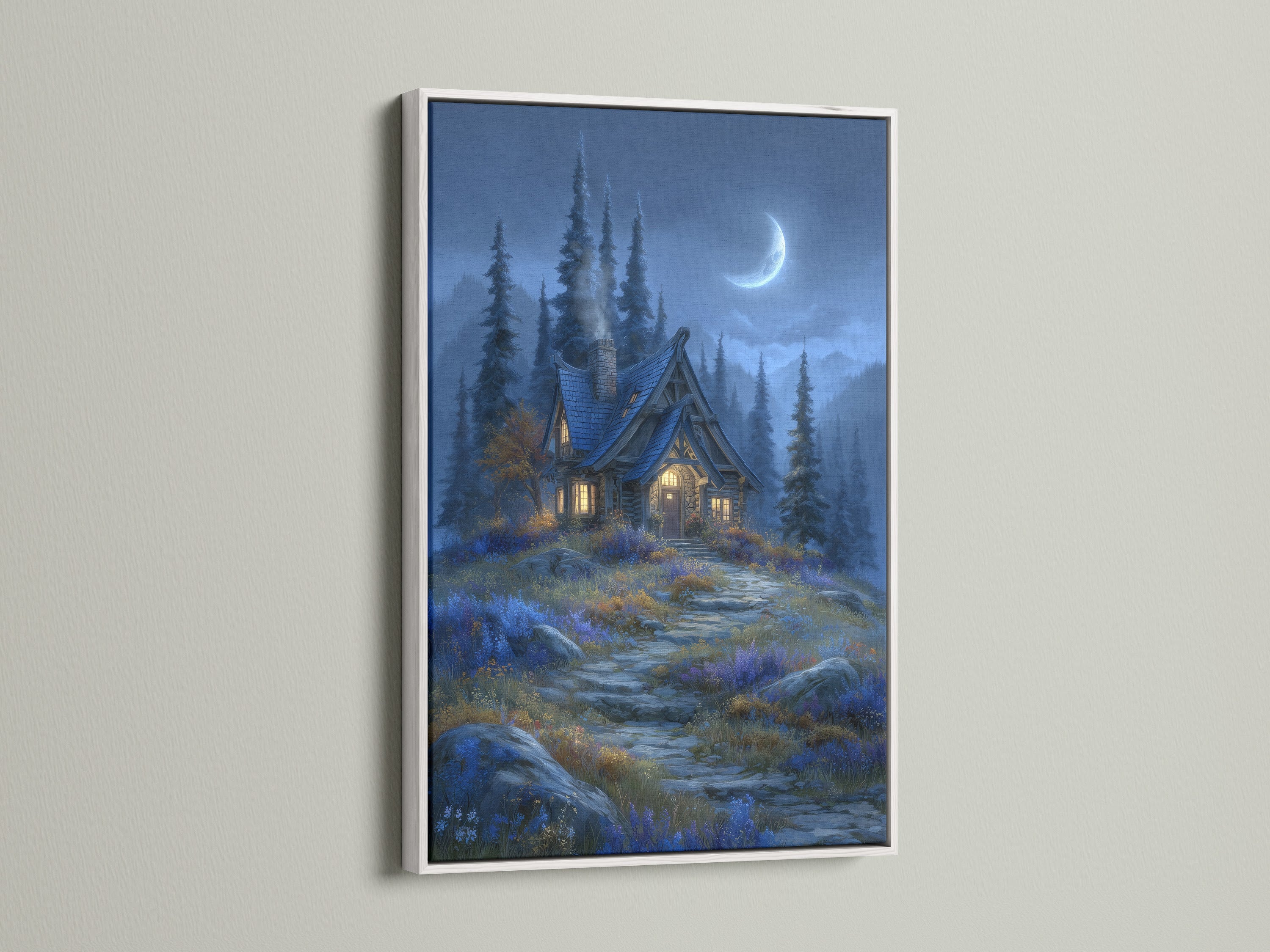See the Moonlit Cottage artwork with a white frame. This fantasy forest print will transform your space. Add enchanted cabin art to your living room. A wonderful piece of cottage wall decor.