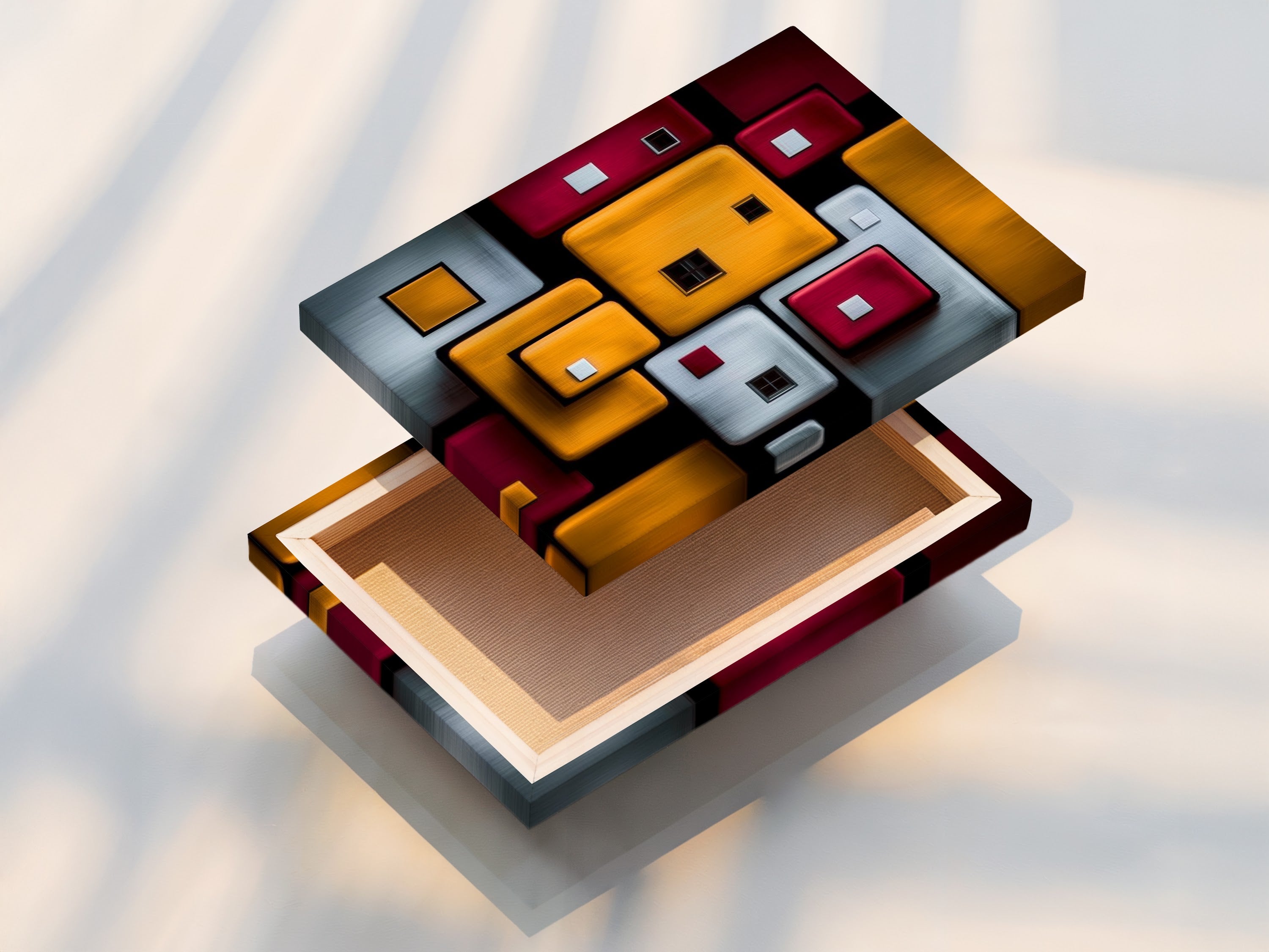 This stretched canvas print showcases a geometric abstraction. The modern squares wall art is ready to hang. Transform your space with this contemporary artwork. Perfect for minimalist Scandinavian or eclectic decor styles.