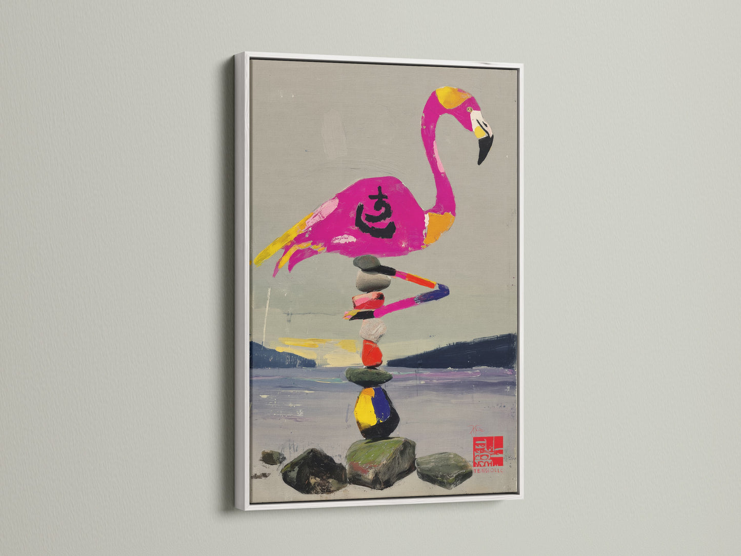 A bright zen stone stack art piece is showcased in a clean white frame. The canvas features a pink flamingo. The minimalist white frame complements the colorful bird artwork. It's ideal for a yoga studio or meditation room.