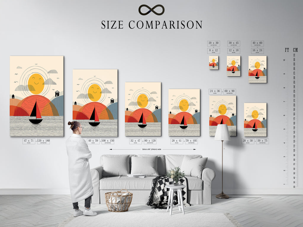 Size Comparison Chart in Interior Setting. This chart shows available sizes for artwork. See how different sizes fit in a room. Perfect for planning your wall decor. This is helpful for interior decorators.