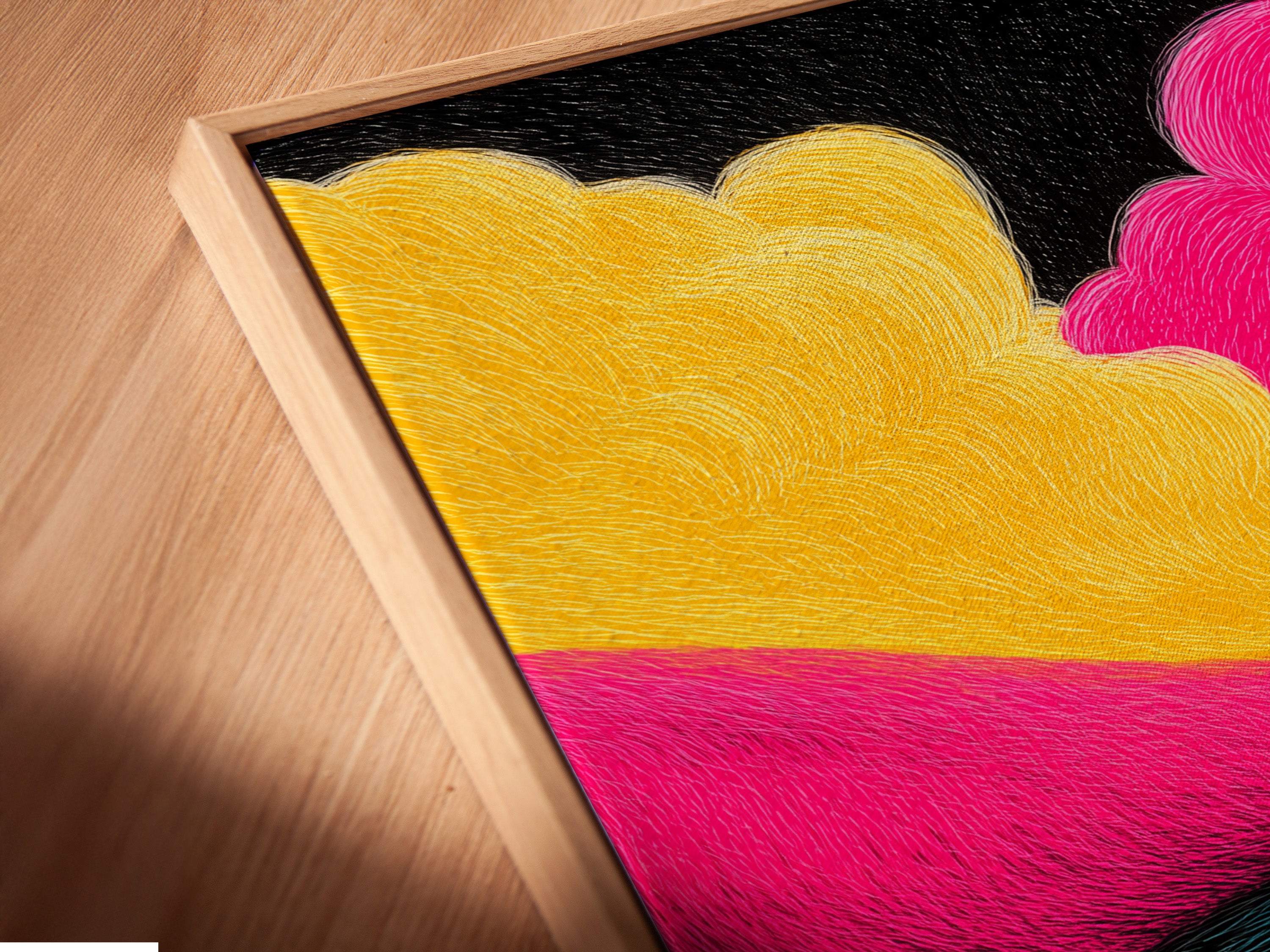 This is a close up of a canvas print in a floating frame. See the details and texture of the artwork. The floating frame adds depth and dimension. The artwork is displayed in a home interior. It enhances any room.