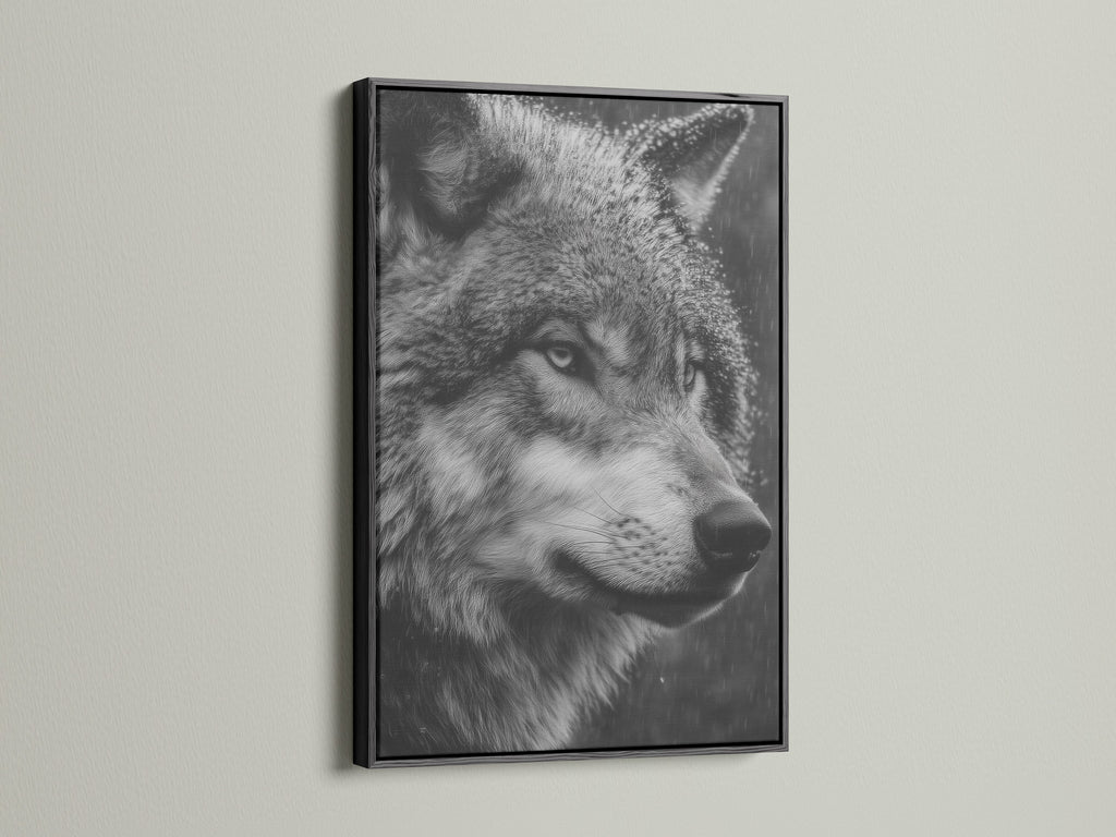 A black frame elegantly surrounds the wolf portrait canvas print. The monochrome print creates a sophisticated look. Add depth and character to your walls with this wildlife canvas. Perfect for dens cabins and lodges.