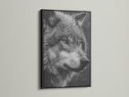 A black frame elegantly surrounds the wolf portrait canvas print. The monochrome print creates a sophisticated look. Add depth and character to your walls with this wildlife canvas. Perfect for dens cabins and lodges.