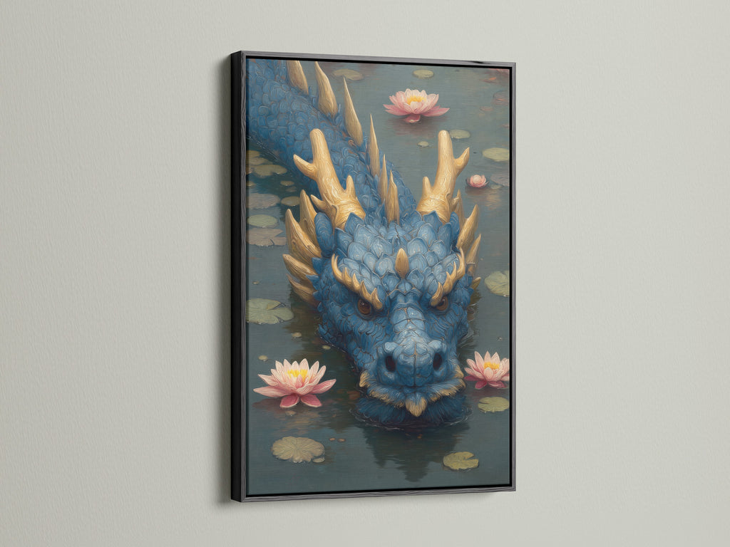 Art print of a blue dragon in a pond setting with pink lotus flowers. It is encased in a sleek black frame. This framed artwork makes a bold statement. It adds a touch of elegance to your home with our art selections.
