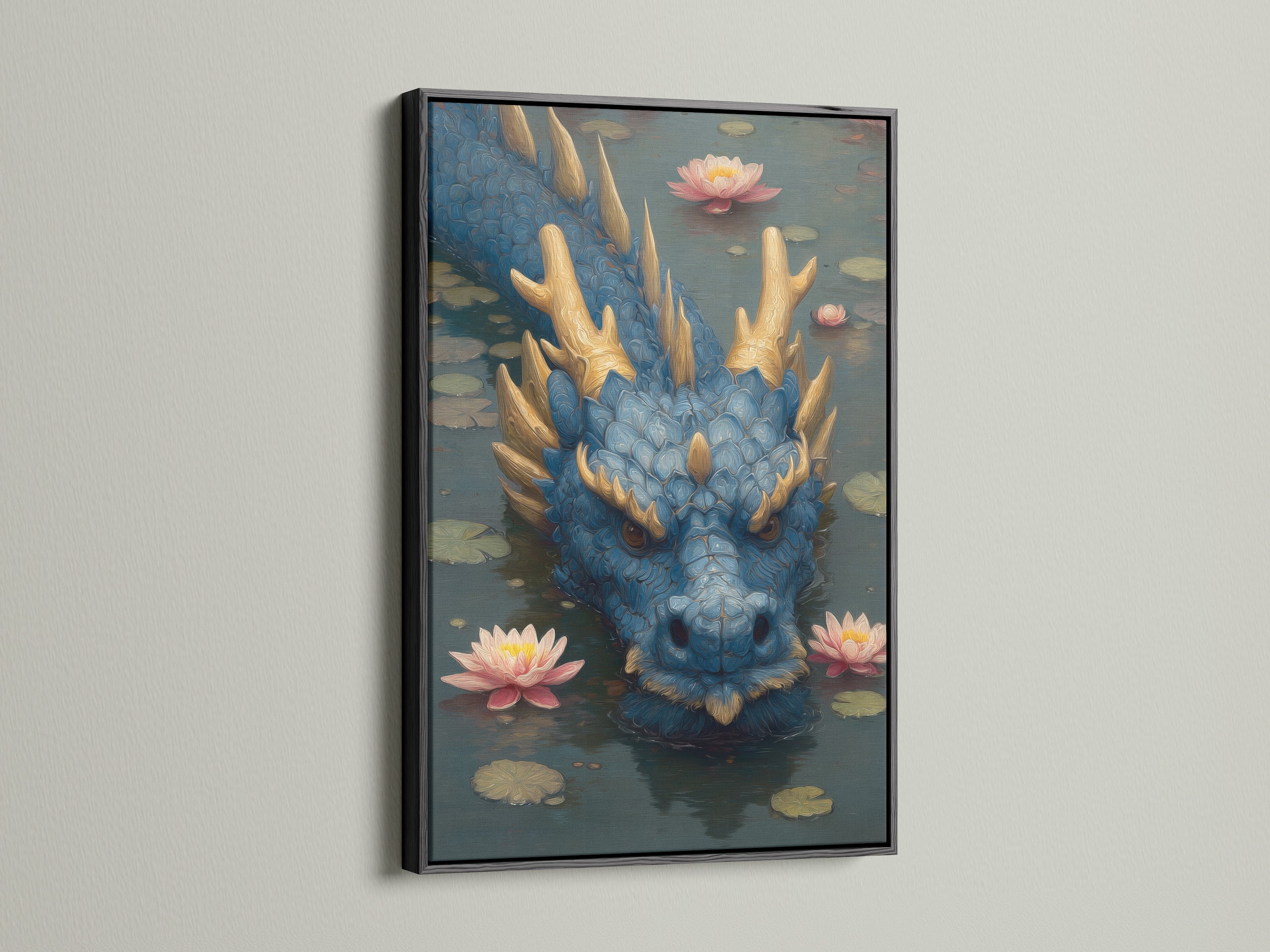 Art print of a blue dragon in a pond setting with pink lotus flowers. It is encased in a sleek black frame. This framed artwork makes a bold statement. It adds a touch of elegance to your home with our art selections.