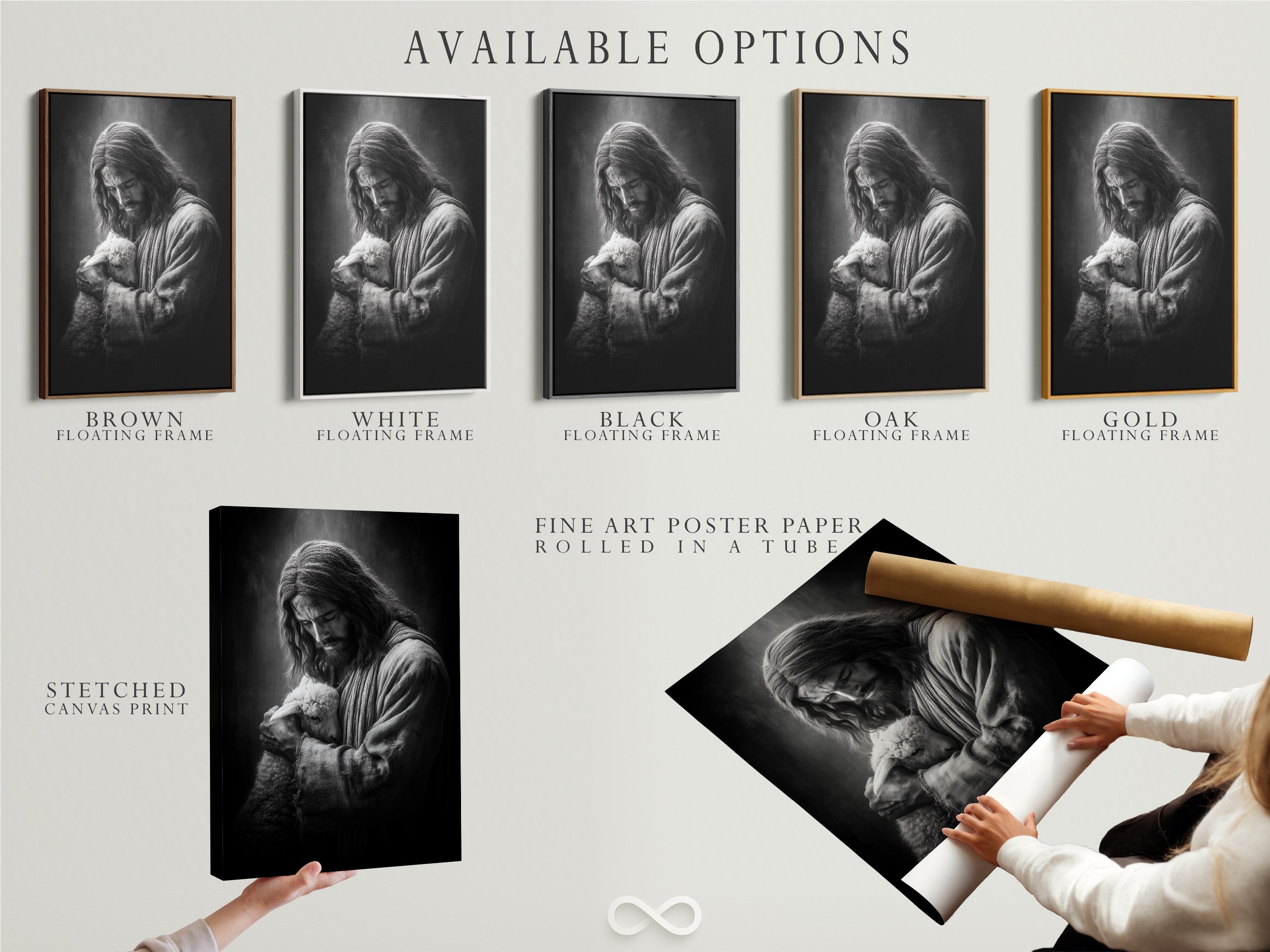 This image showcases the available options for your art piece. Options include a stretched canvas print. Also available is fine art poster paper and a floating frame. Choose the option that best suits your style and preferences. Elevate your artwork.